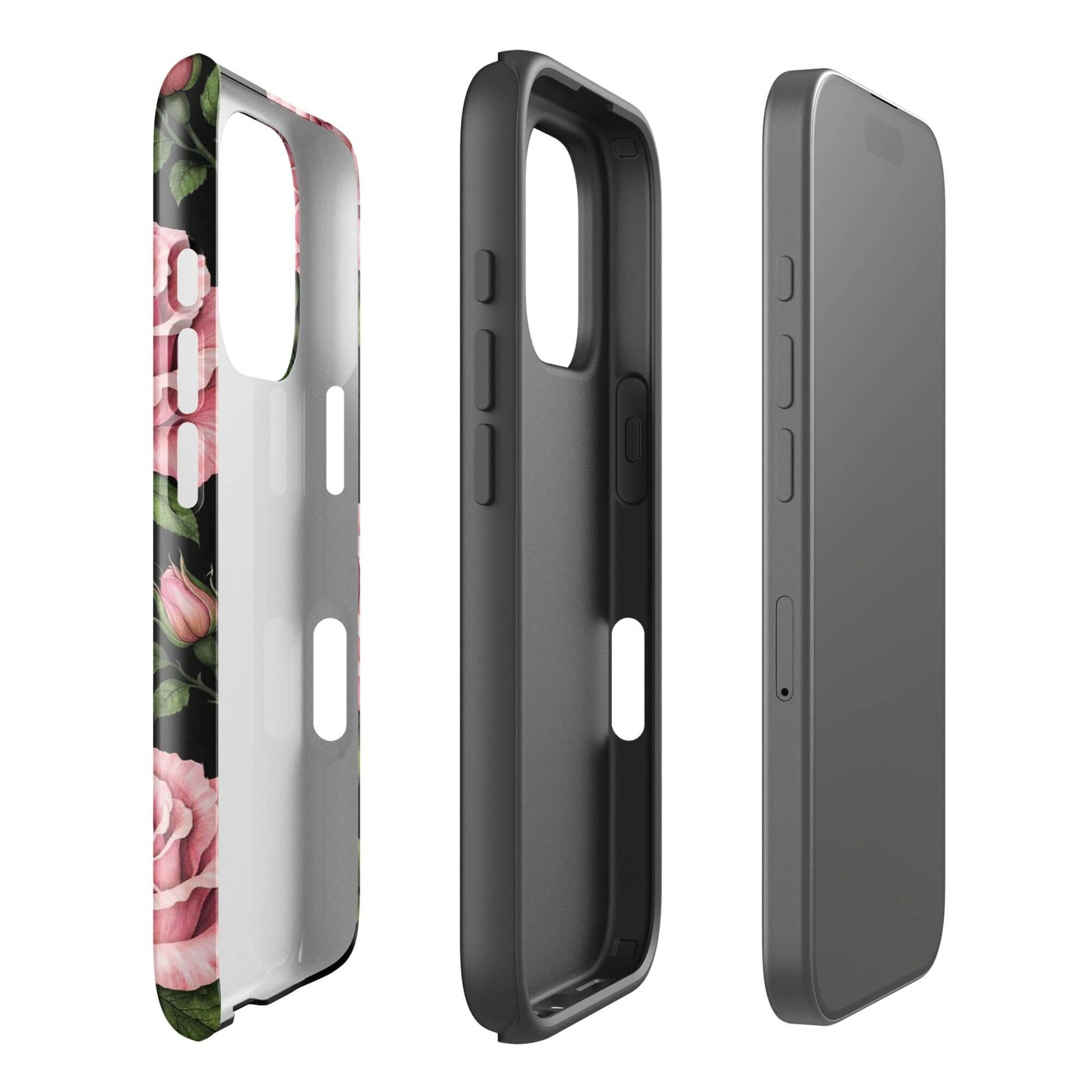 Phone Case for iPhone featuring pink roses and green leaves on a black background, shown in durable tough design.