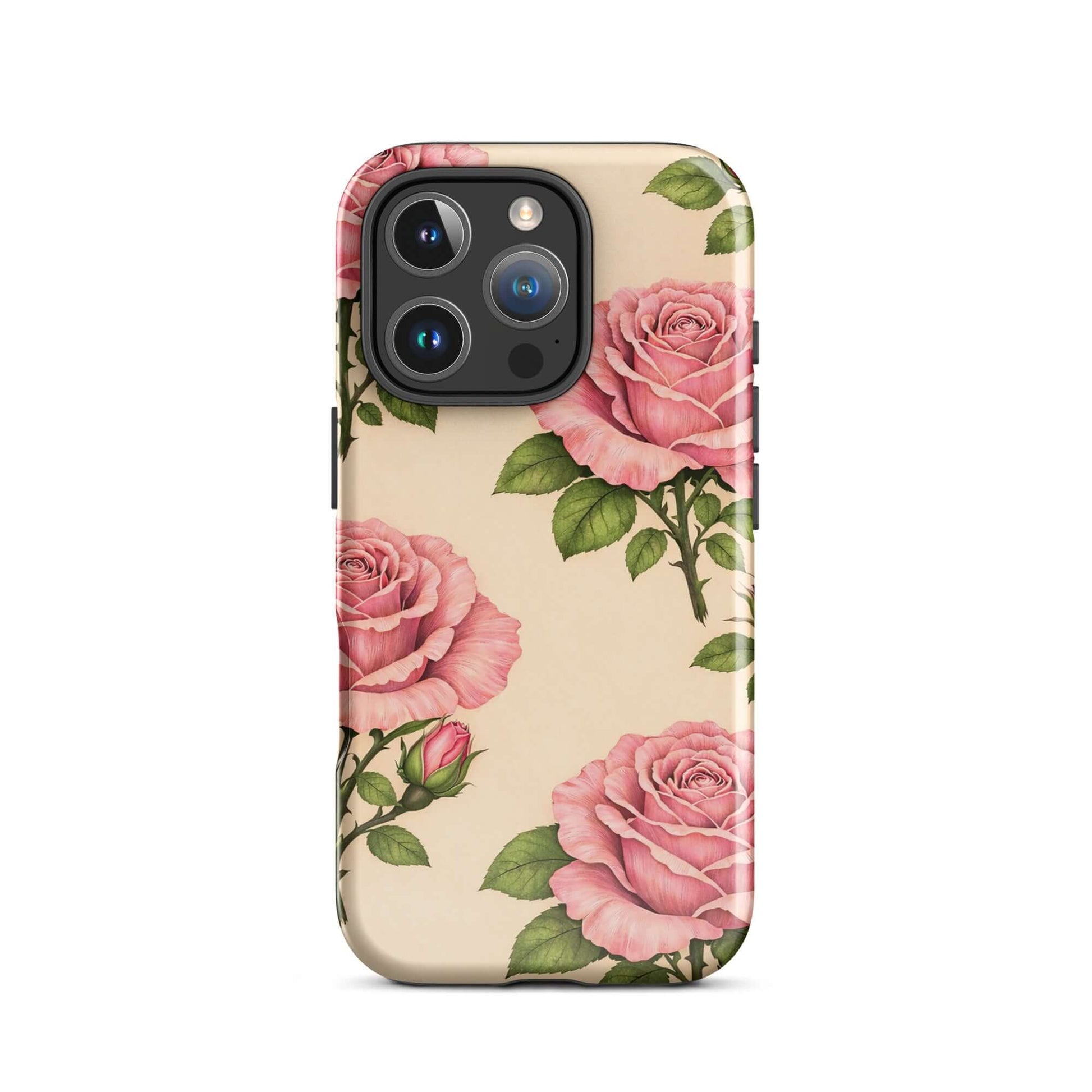 Phone Case for iPhone: Pink roses with green leaves on warm cream background.