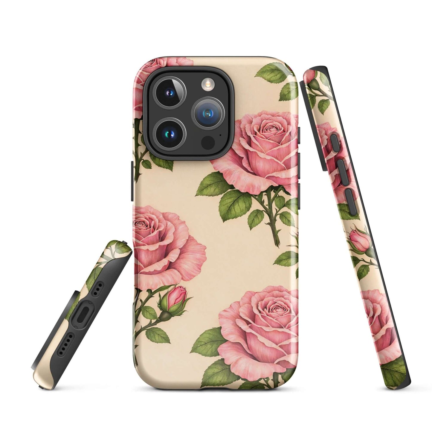 Phone Case for iPhone with pink rose garden design on warm cream background featuring elegant floral pattern of roses and rosebuds.