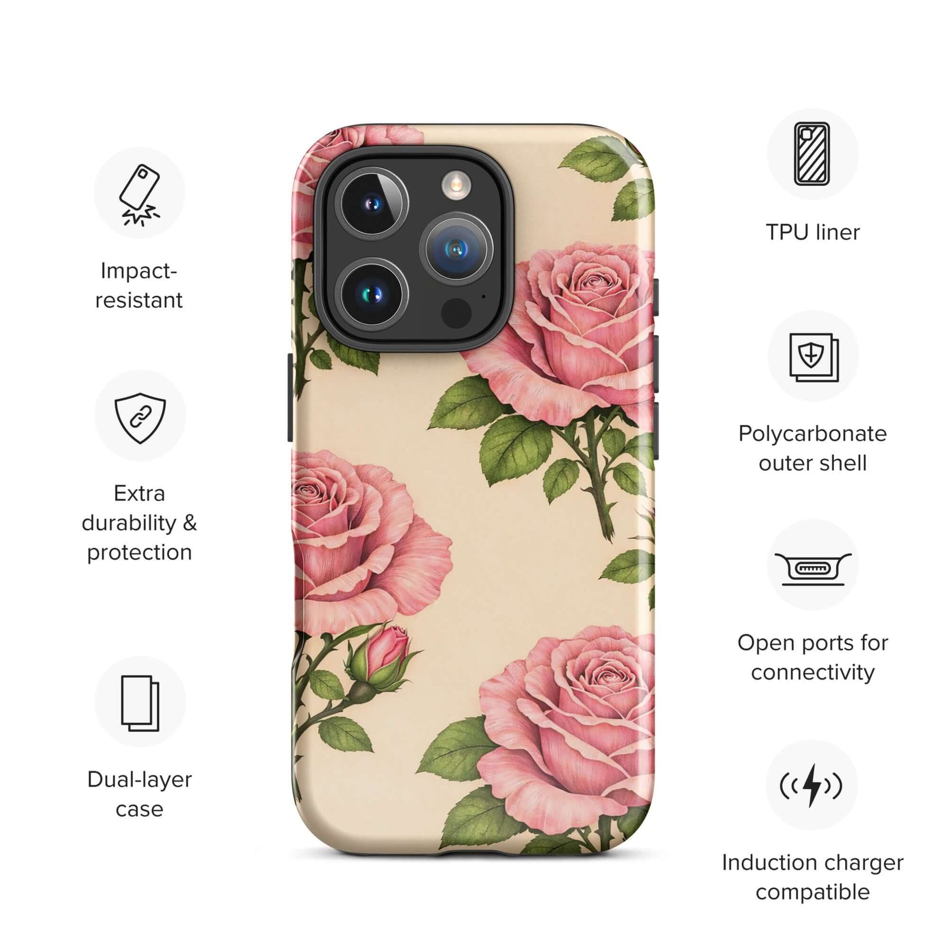 Phone Case for iPhone with pink rose garden design on cream background, featuring impact-resistant, dual-layer protection.