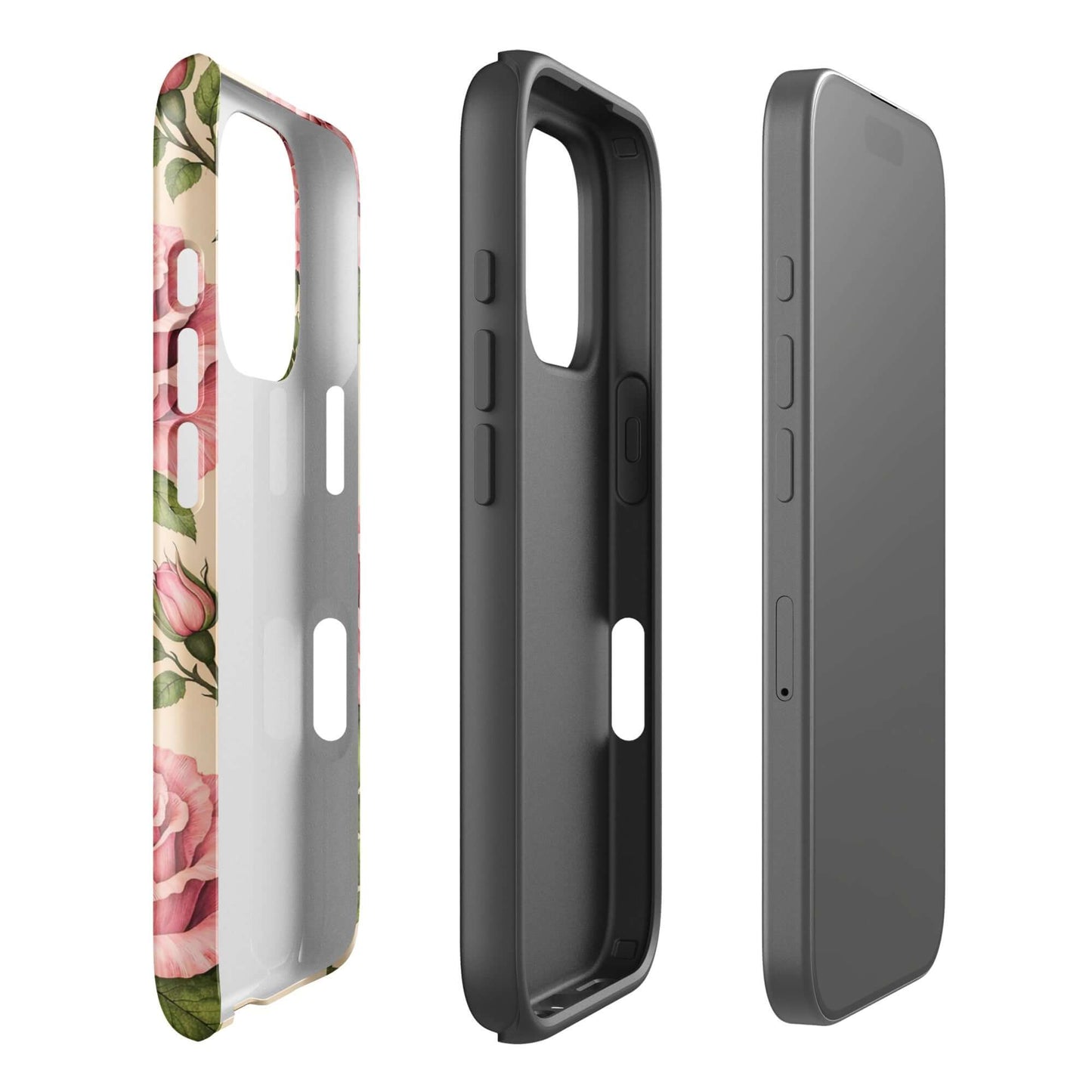 Phone Case for iPhone featuring pink rose garden design on warm cream background with protective layers.