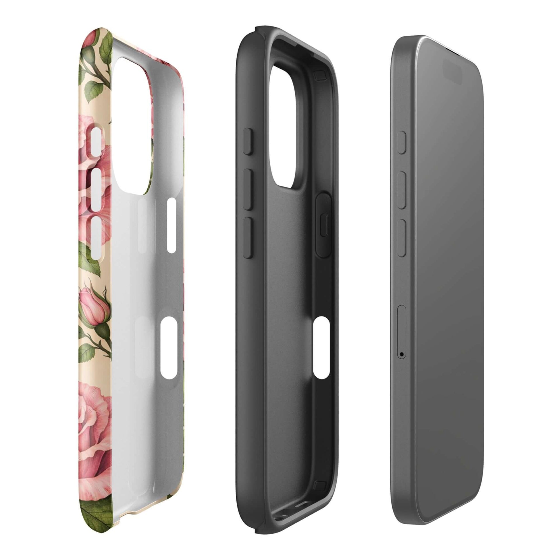 Phone Case for iPhone featuring pink rose garden design on warm cream background with protective layers.