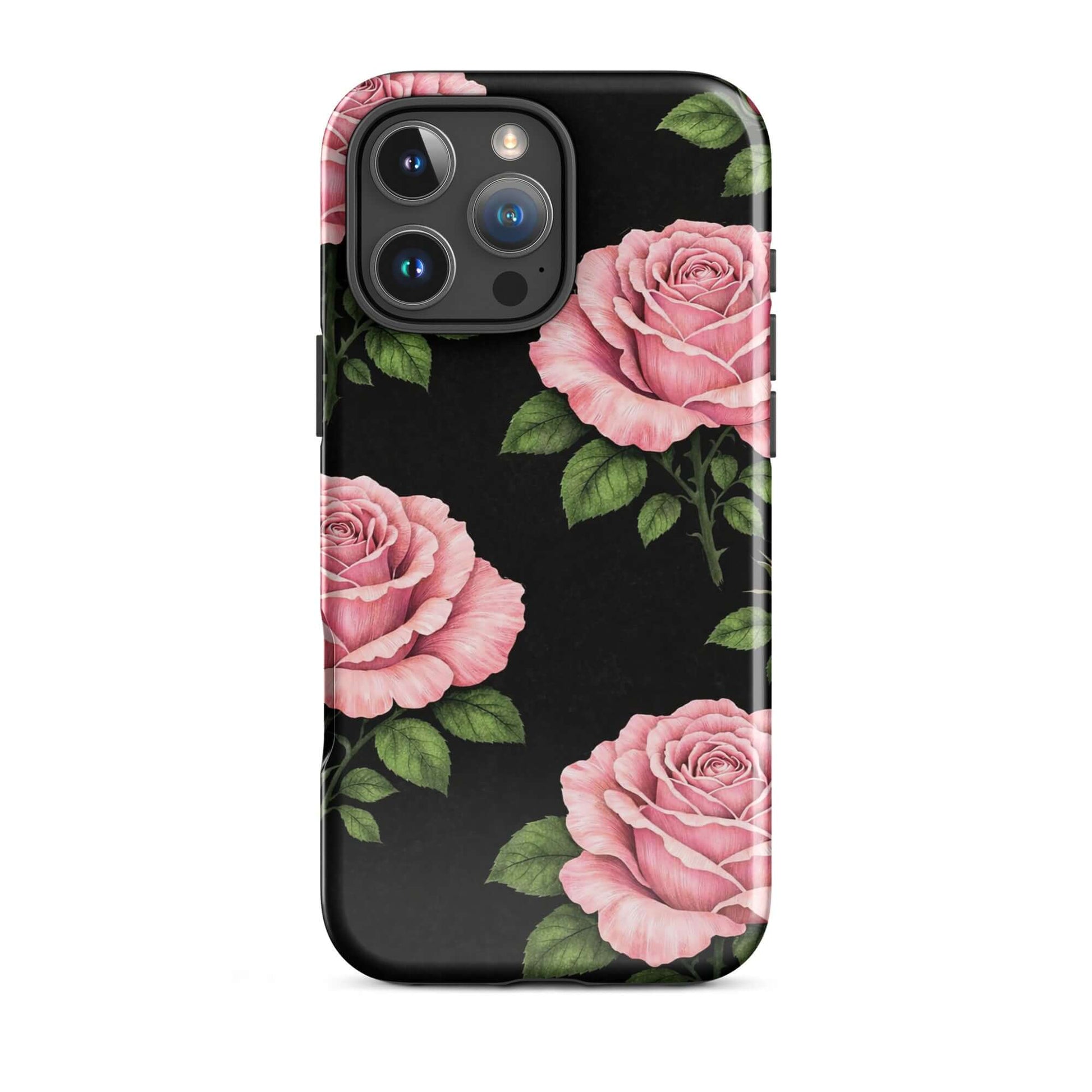 Pink Rose Garden Phone Case featuring floral pattern with pink roses on black background for iPhone.