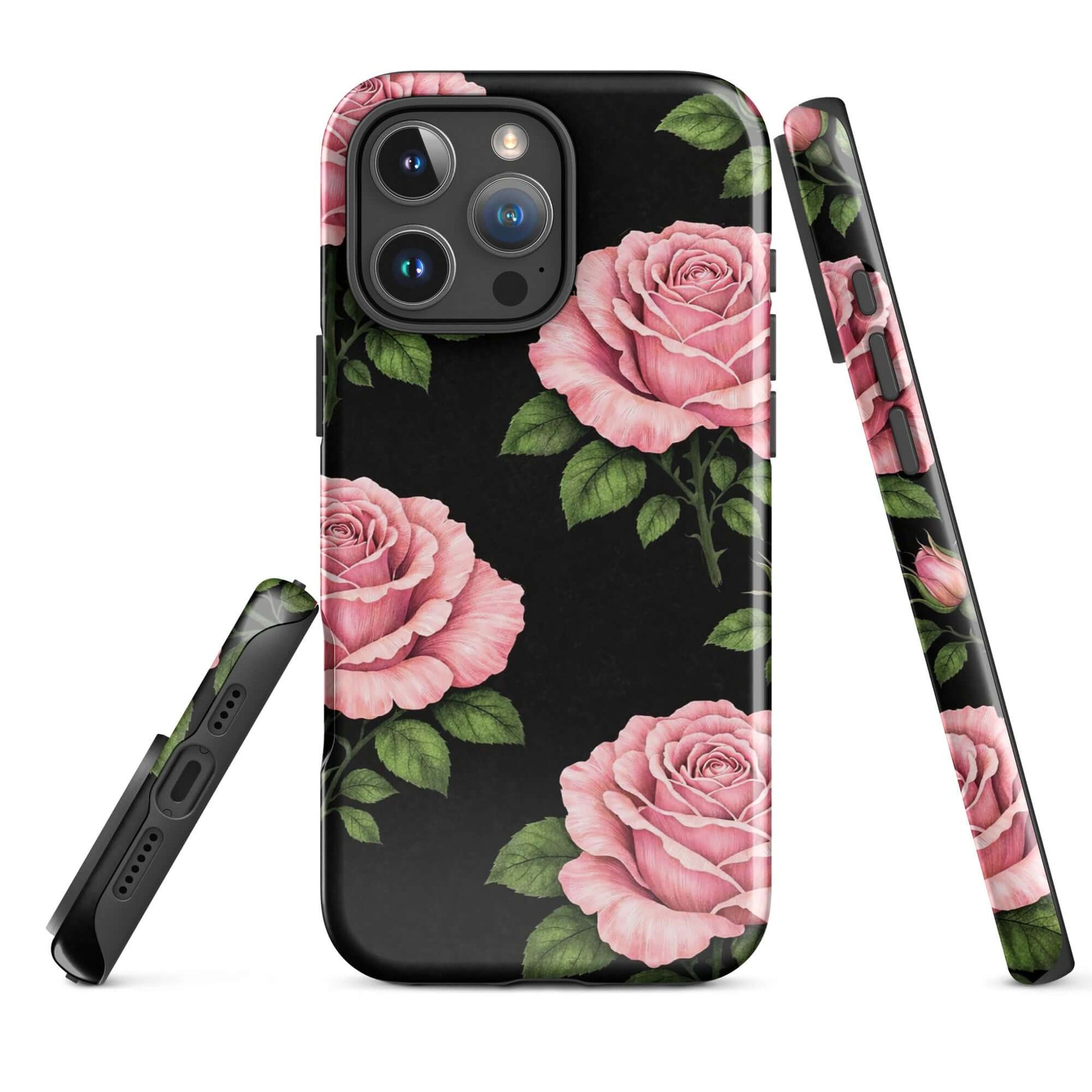 Phone Case for iPhone with Pink Rose Garden design, featuring pink roses and green leaves on a black background, tough floral protection.