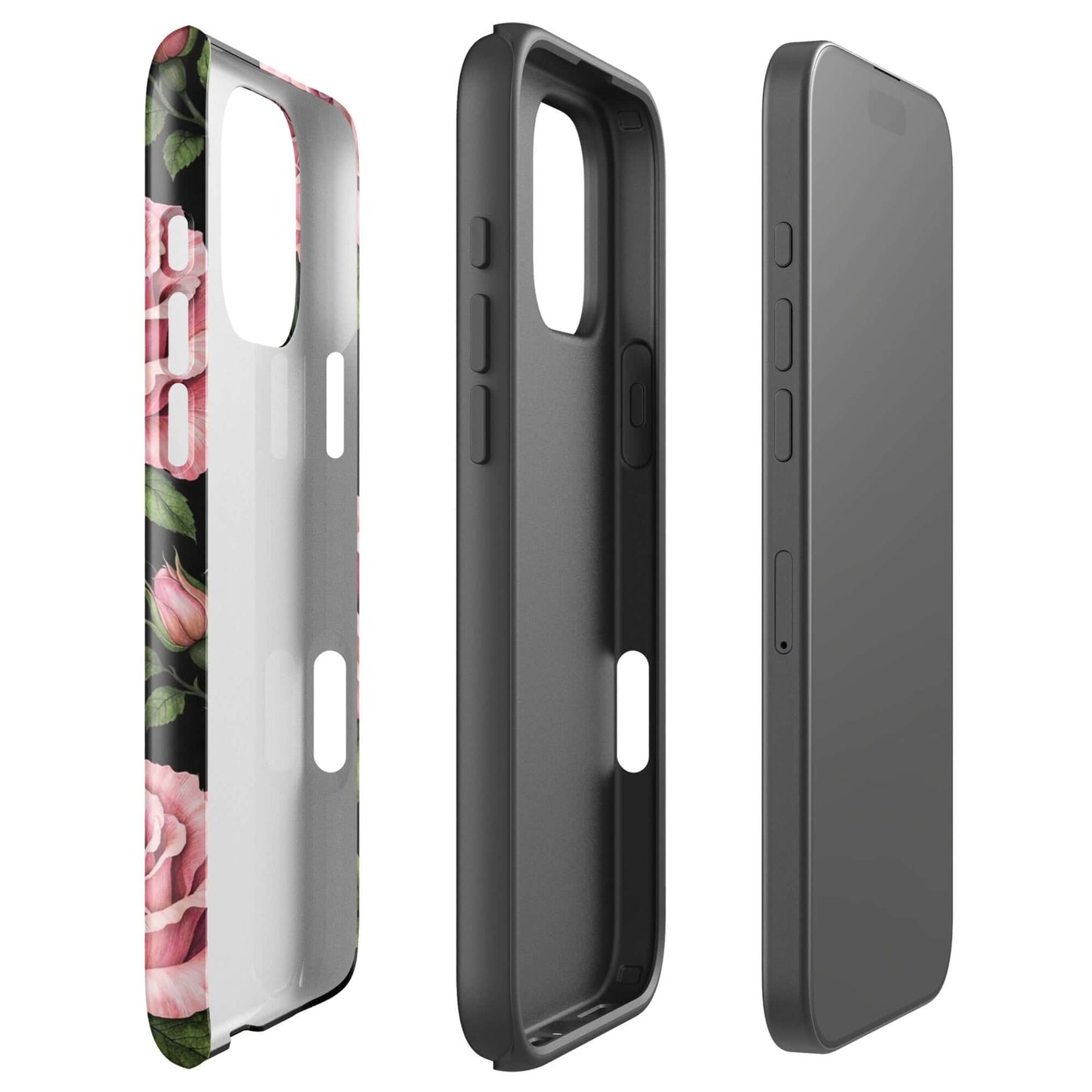 Phone Case for iPhone with pink rose garden design, tough protective cover with black and floral contrast