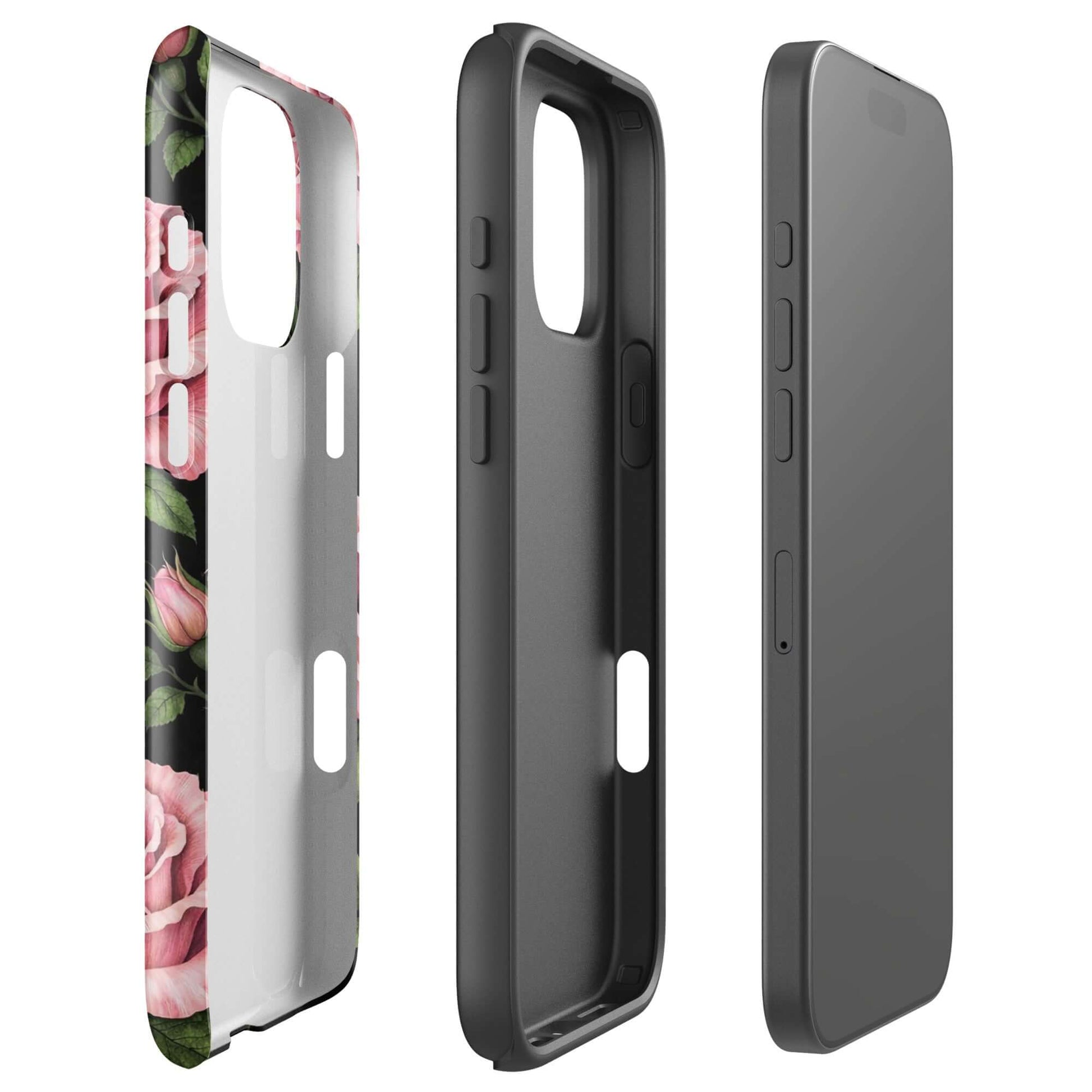 Phone Case for iPhone with pink rose garden design, tough protective cover with black and floral contrast
