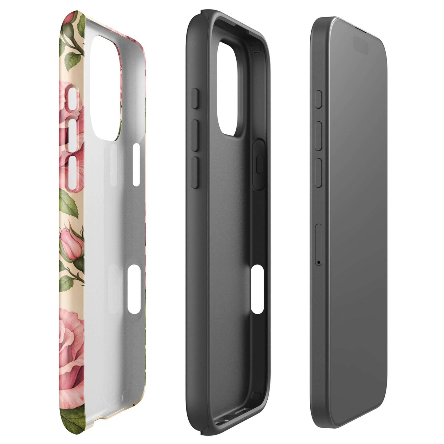 Phone Case for iPhone with pink rose garden design on a warm cream background, showcasing both interior and exterior views.