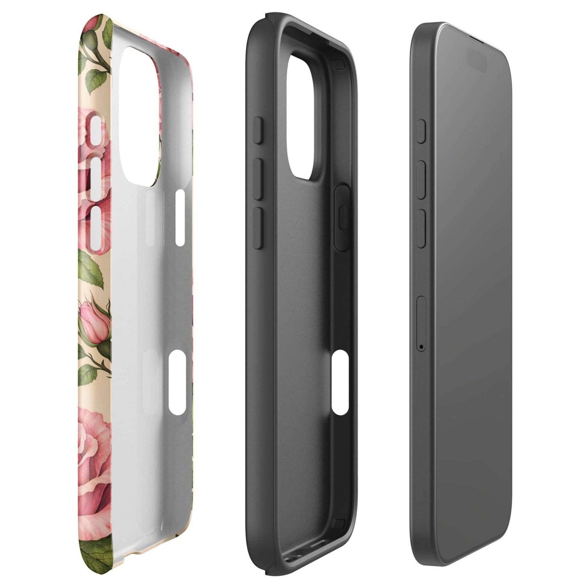 Phone Case for iPhone with pink rose garden design on a warm cream background, showcasing both interior and exterior views.