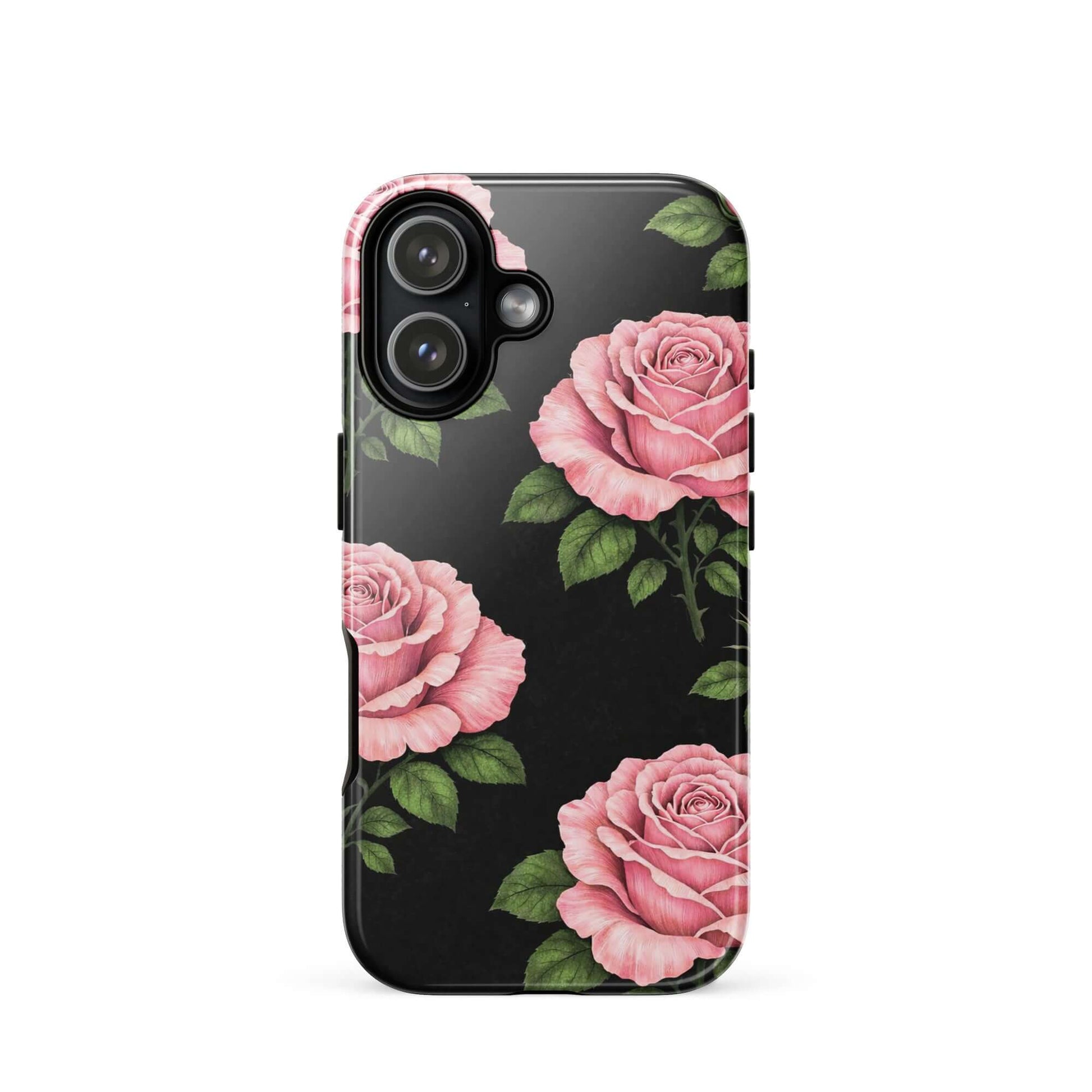 Phone Case for iPhone with pink rose garden design on black background, featuring hand-sketched flowers and lush green leaves.