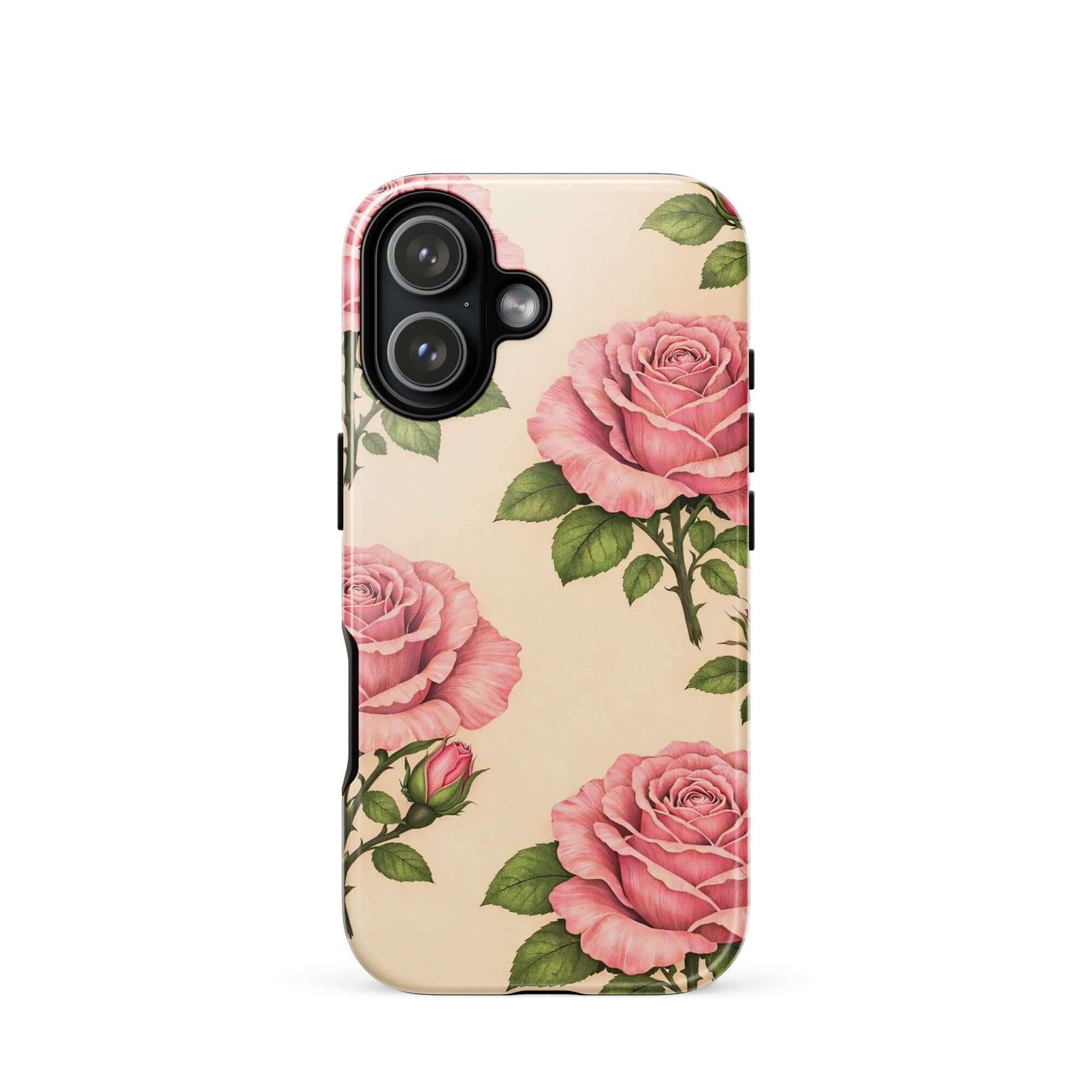 Phone Case for iPhone with pink rose garden design on warm cream background.