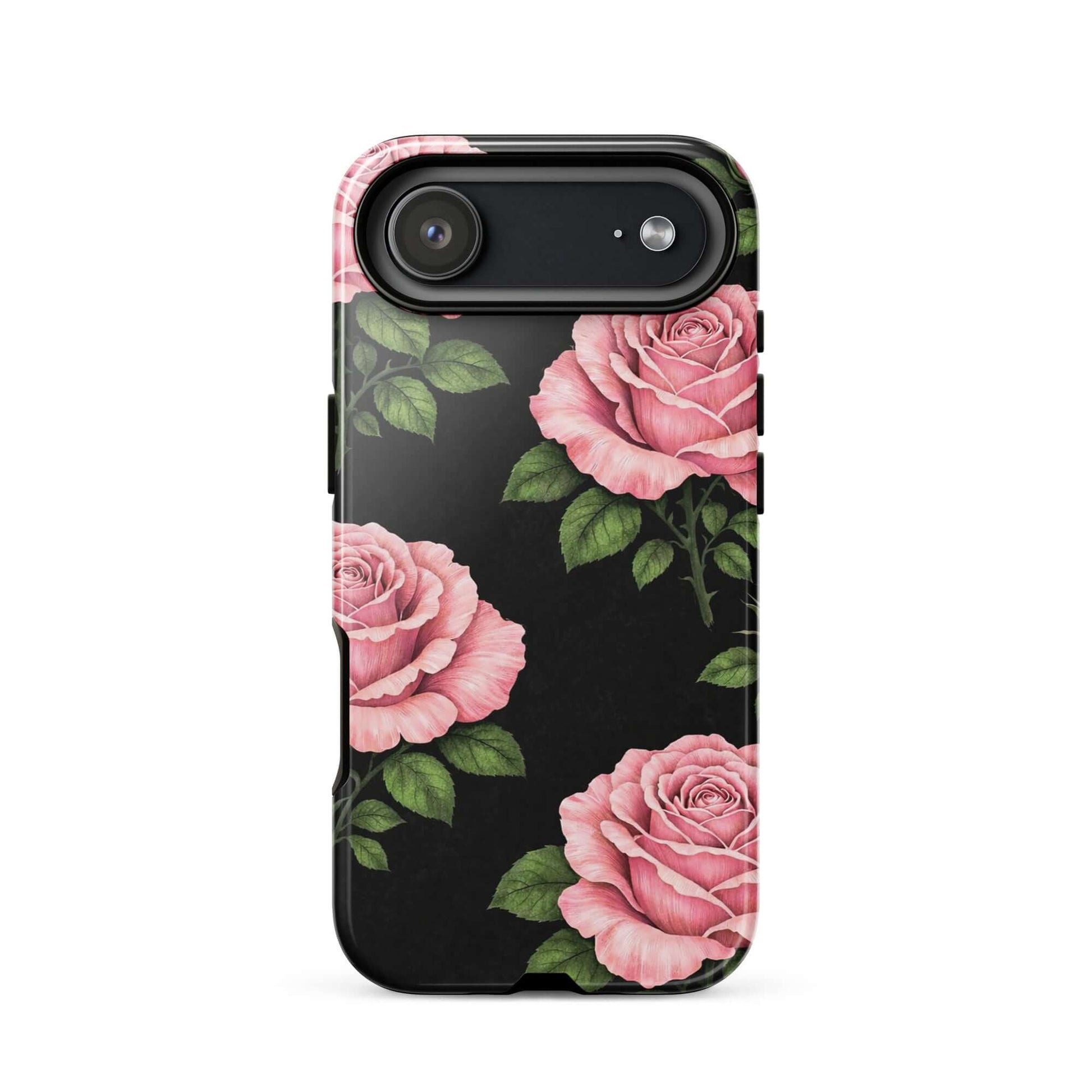 Phone Case for iPhone featuring pink roses and green leaves on a black background