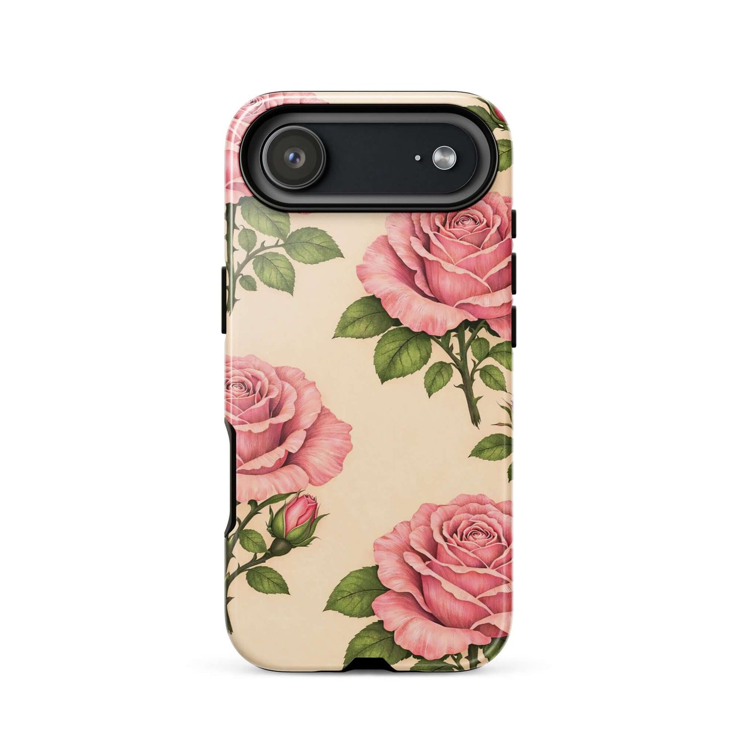 Phone Case with pink rose garden design on warm cream background, featuring floral elegance and protection for iPhone.