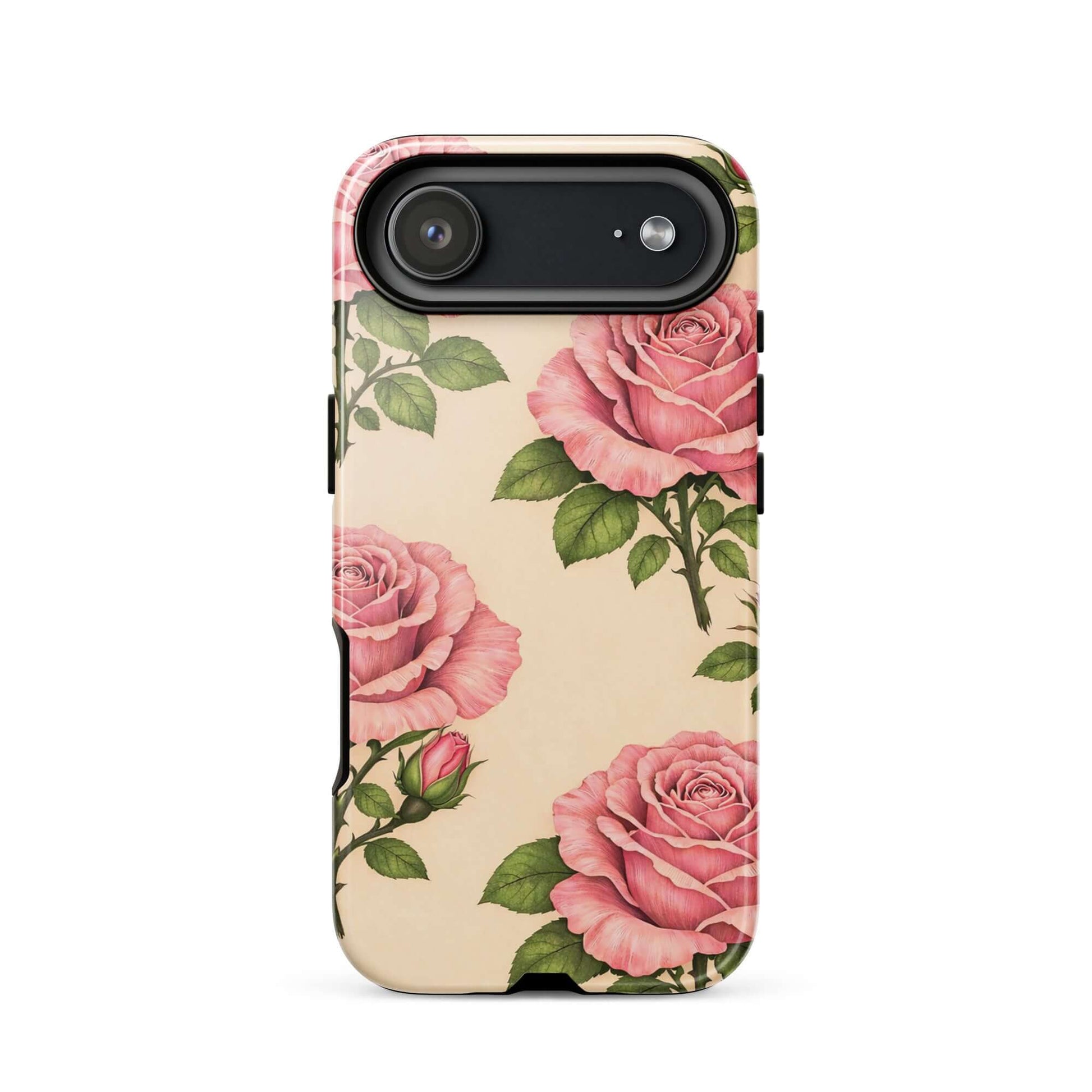 Phone Case with pink rose garden design on warm cream background, featuring floral elegance and protection for iPhone.