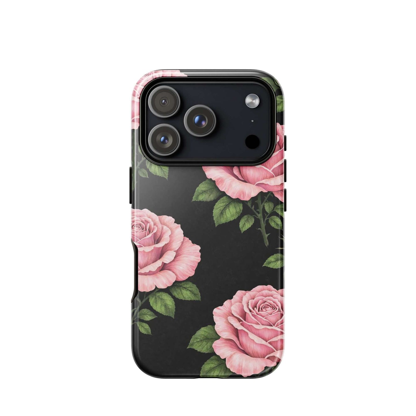 Phone Case for iPhone with pink rose garden design on black background