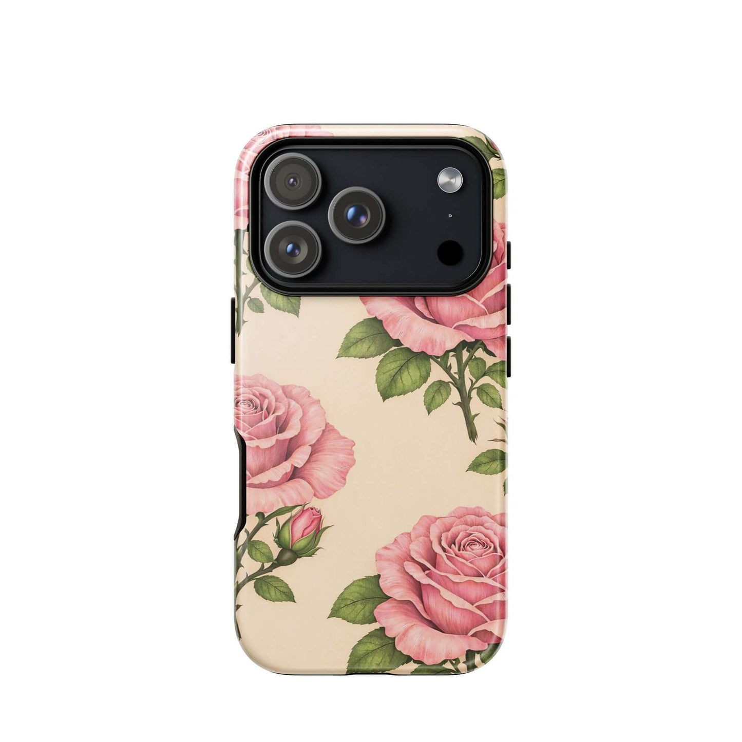 Phone Case with pink rose garden design on warm cream background for iPhone, floral elegance with protective features.
