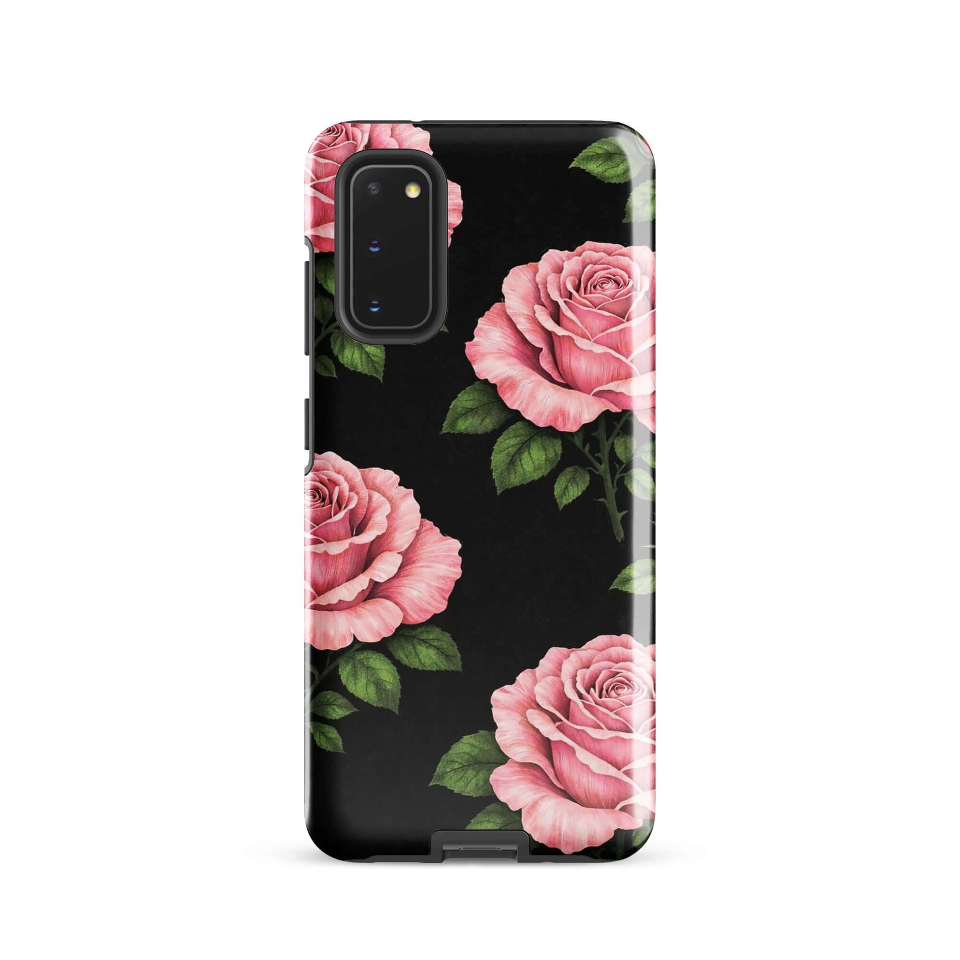 Phone Case for Samsung Galaxy: Pink Rose Garden Tough Case, featuring pink roses and green leaves on a black background.