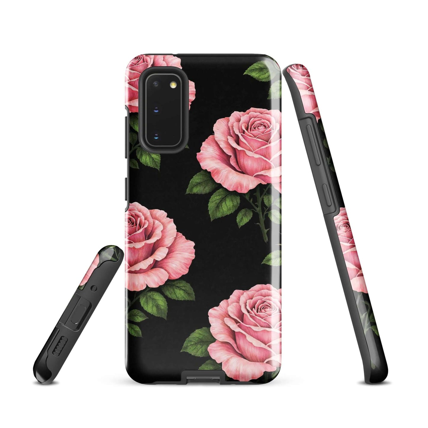 Phone Case for Samsung Galaxy with pink rose garden design on a black background displaying floral elegance.