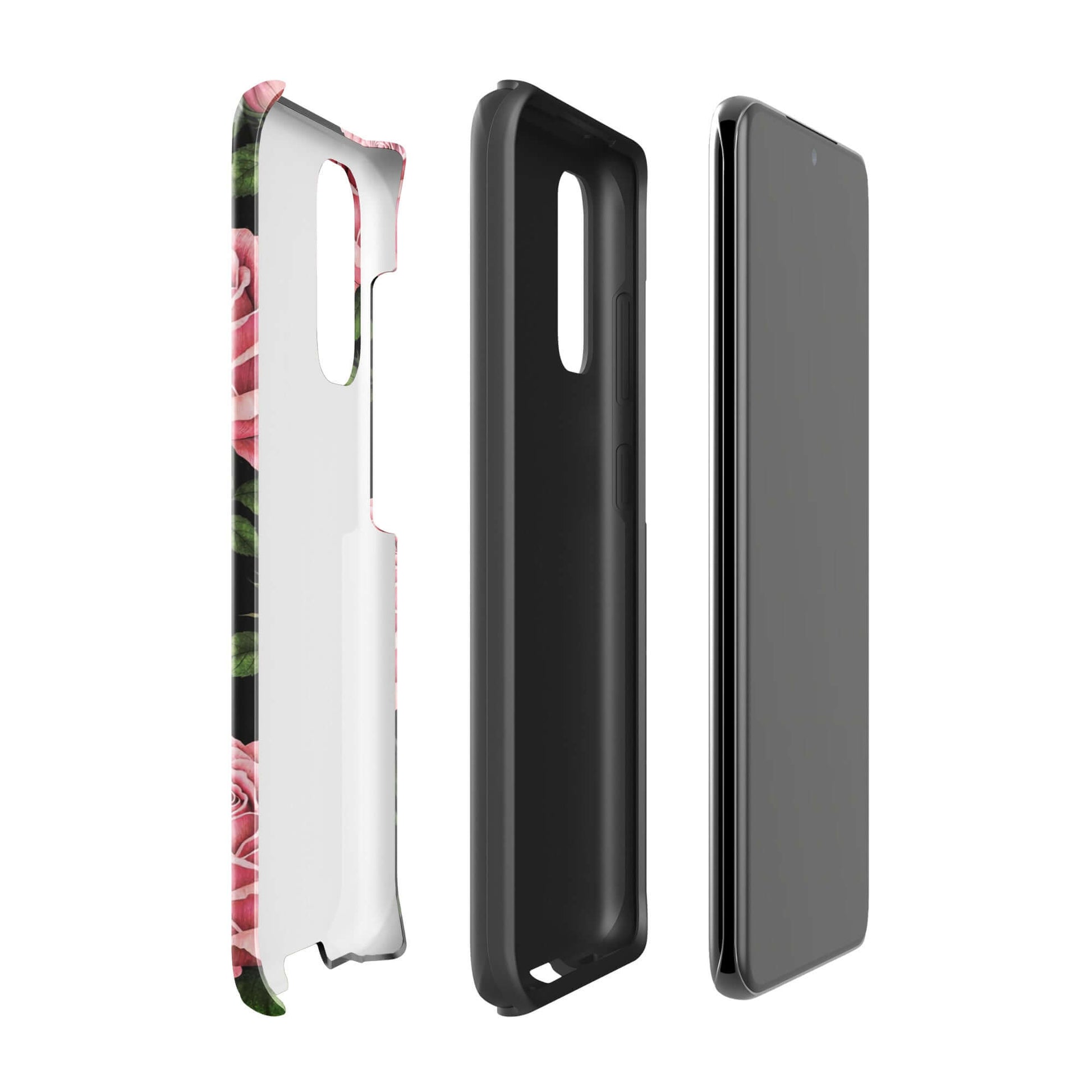 Phone Case for Samsung Galaxy with pink rose design showing tough protective layers