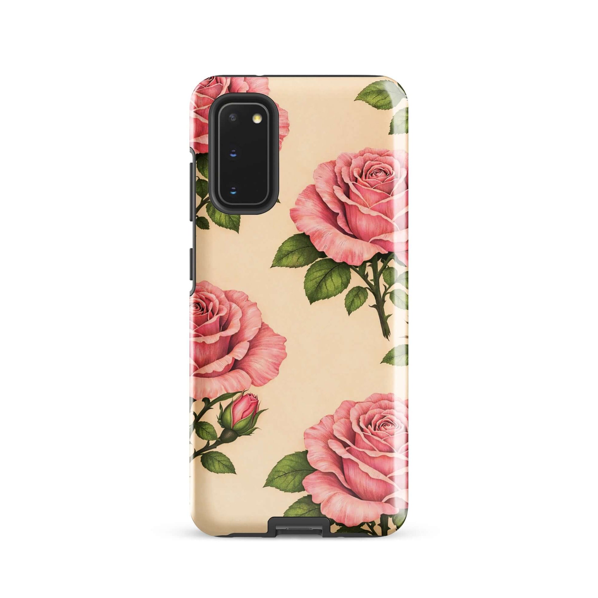 Phone Case with pink rose pattern for Samsung Galaxy on warm cream background.