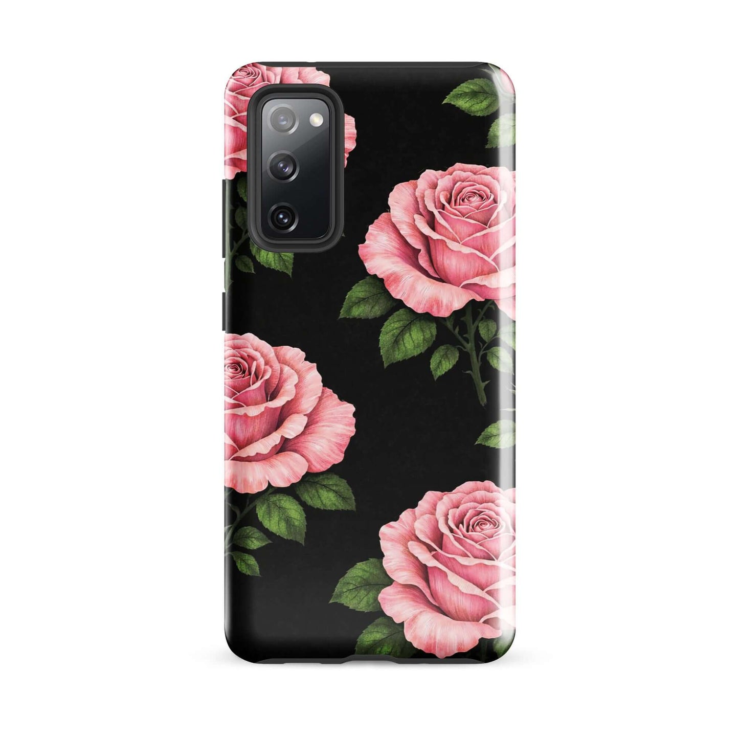 Phone Case for Samsung Galaxy with pink rose garden design on black background, featuring soft pink roses and green leaves for a stylish look.