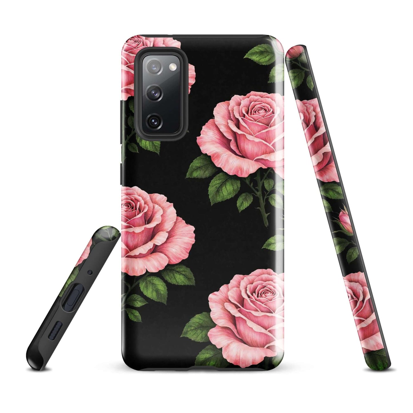 Phone Case for Samsung Galaxy with pink rose garden design on black background, featuring protective tough exterior with floral elegance.