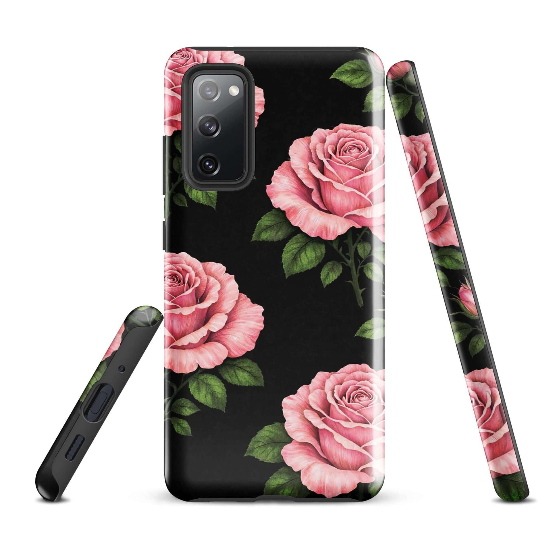 Phone Case for Samsung Galaxy with pink rose garden design on black background, featuring protective tough exterior with floral elegance.