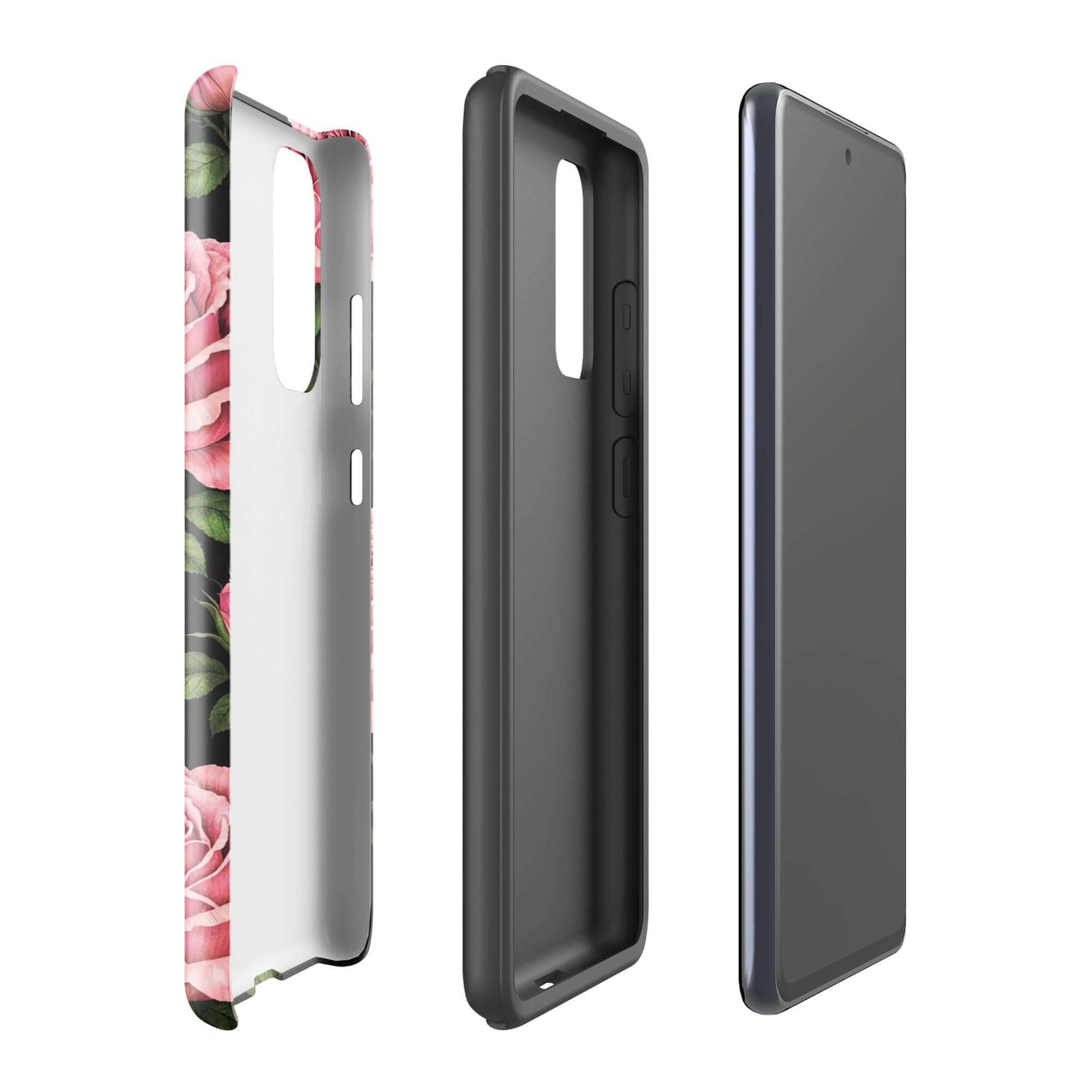 Phone Case for Samsung Galaxy with pink rose garden design and black background, showing installation on phone.