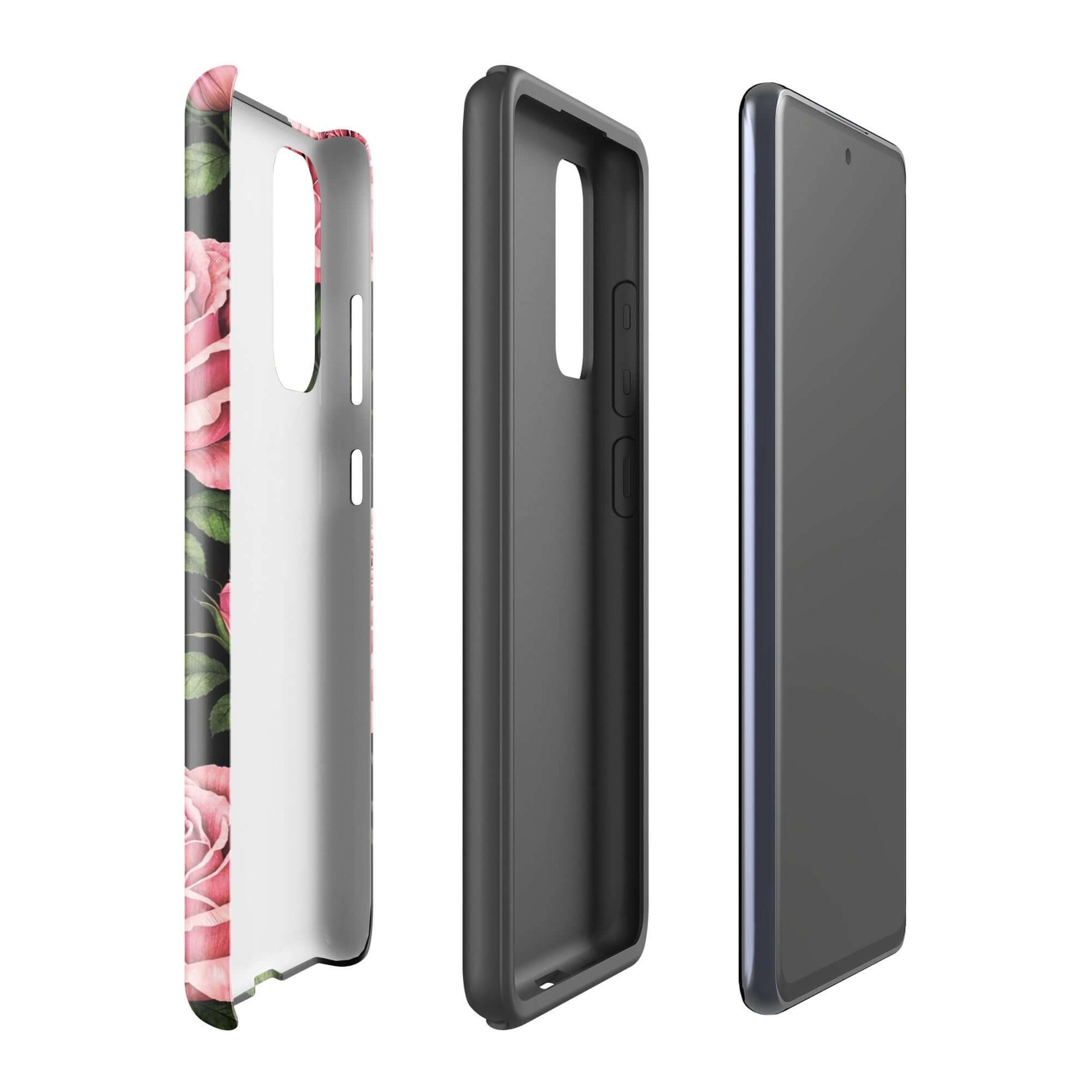 Phone Case for Samsung Galaxy with pink rose garden design and black background, showing installation on phone.