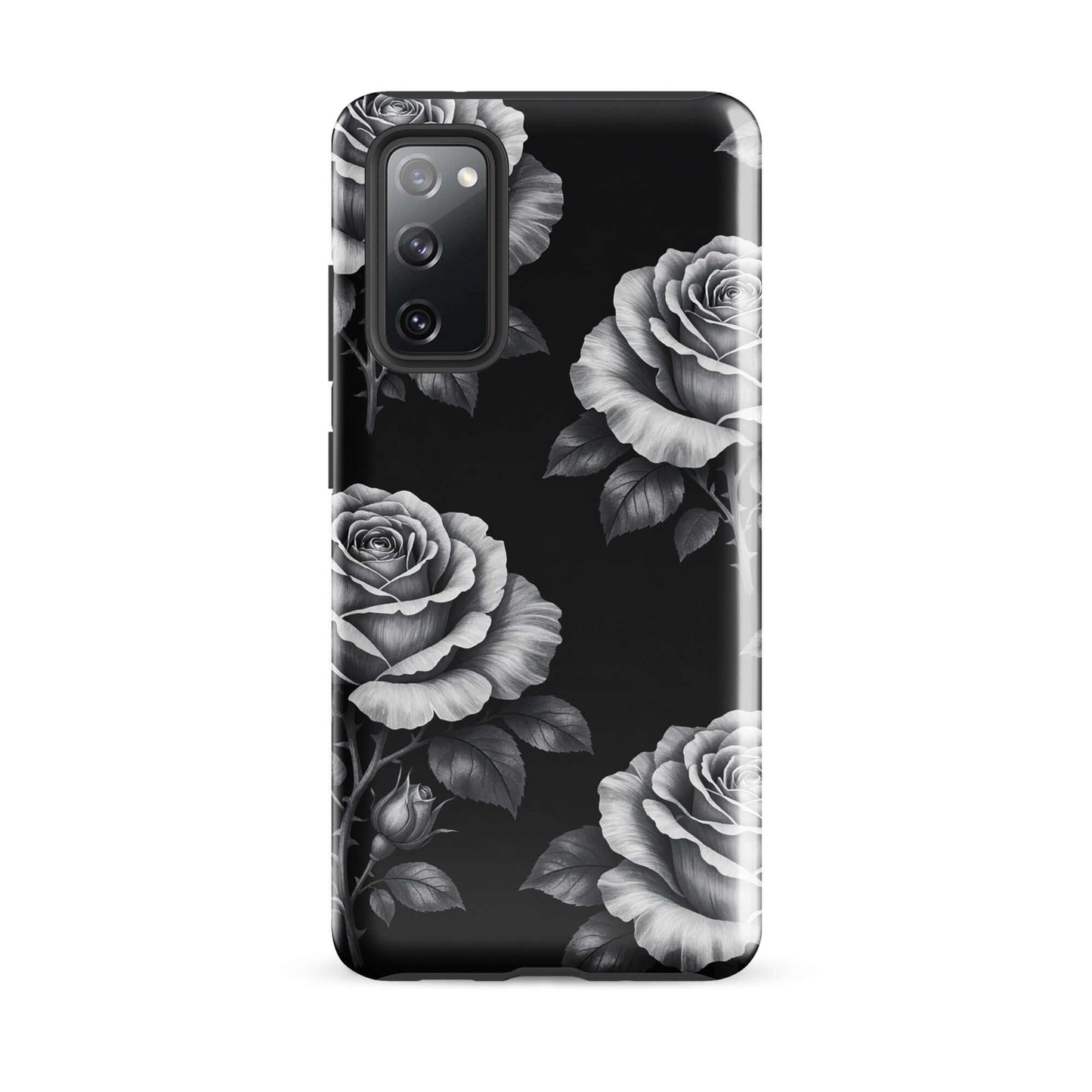 Phone Case for Samsung Galaxy with rose garden design on black background with detailed rose illustrations.