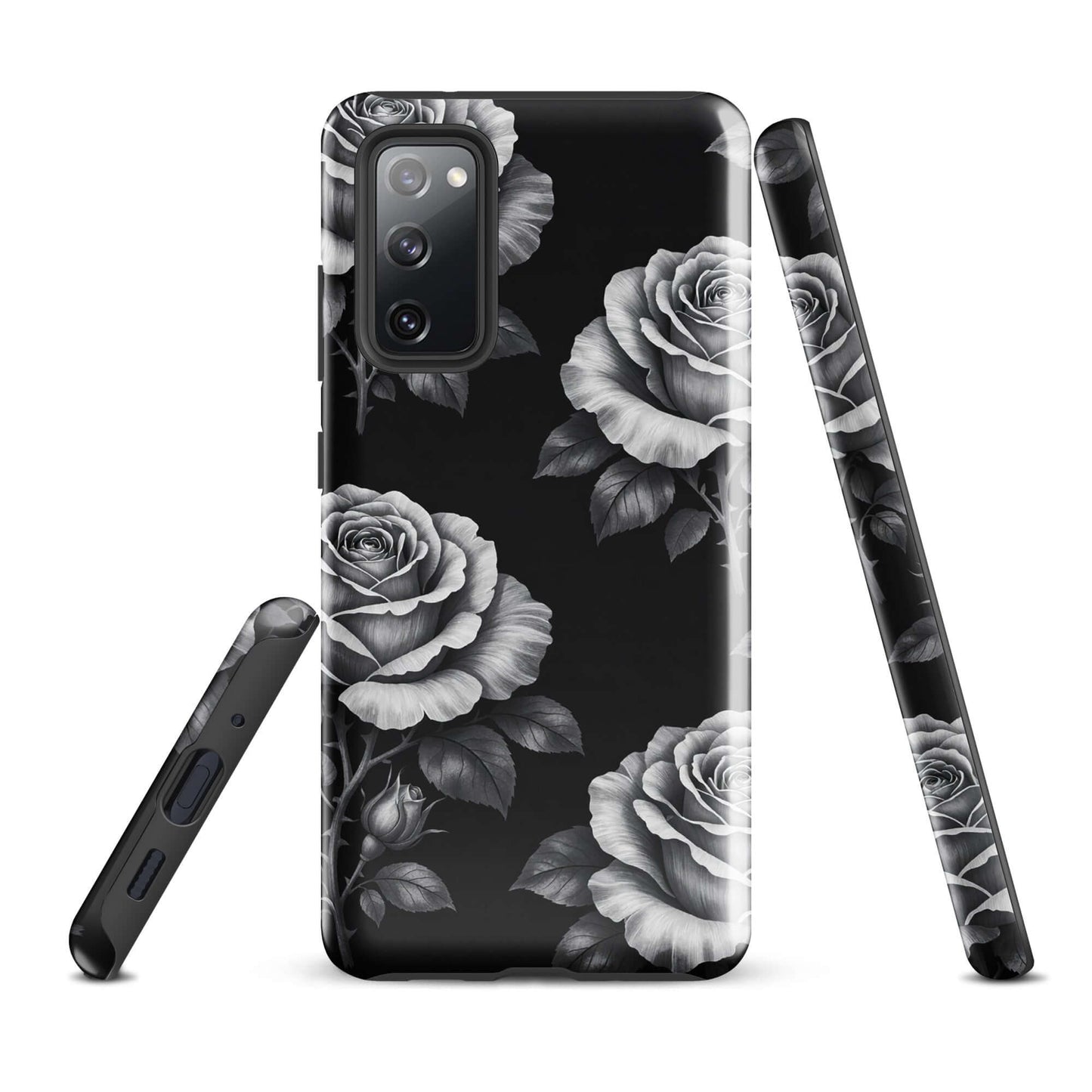 Phone Case for Samsung Galaxy with rose garden design on black background, elegant floral pattern in pencil-stencil style.