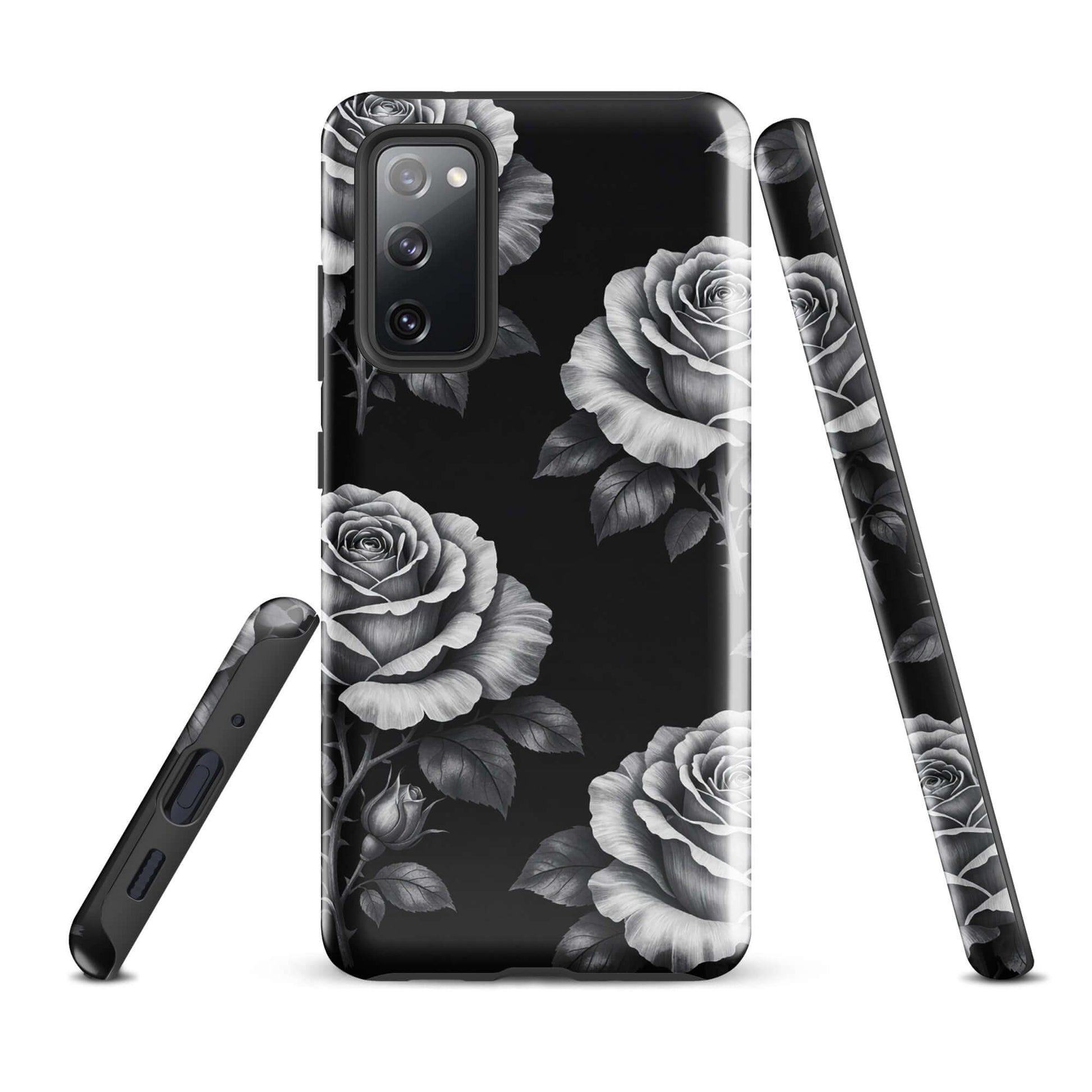 Phone Case for Samsung Galaxy with rose garden design on black background, elegant floral pattern in pencil-stencil style.