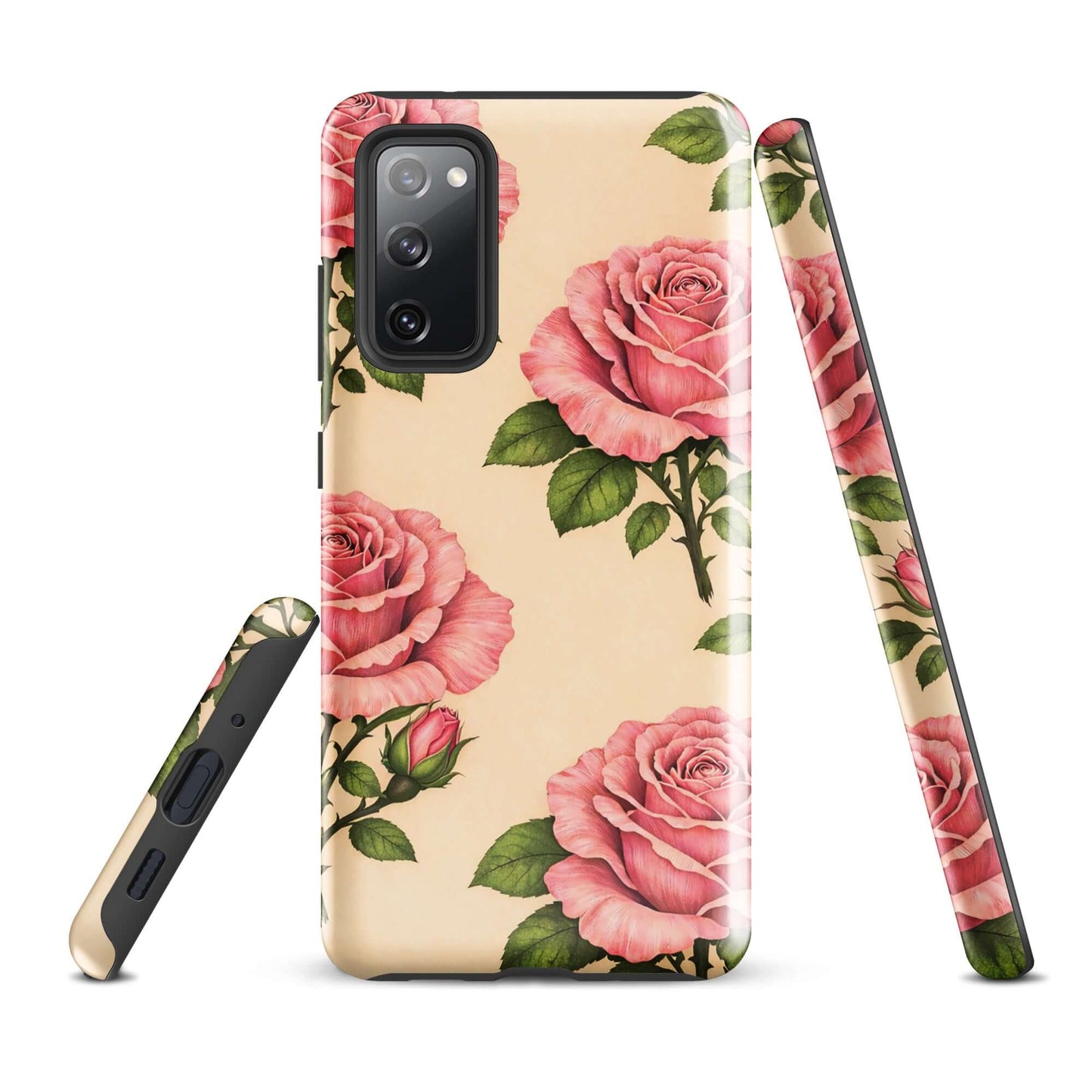 Phone Case for Samsung Galaxy with pink roses on cream background, featuring elegant floral design and protective features.
