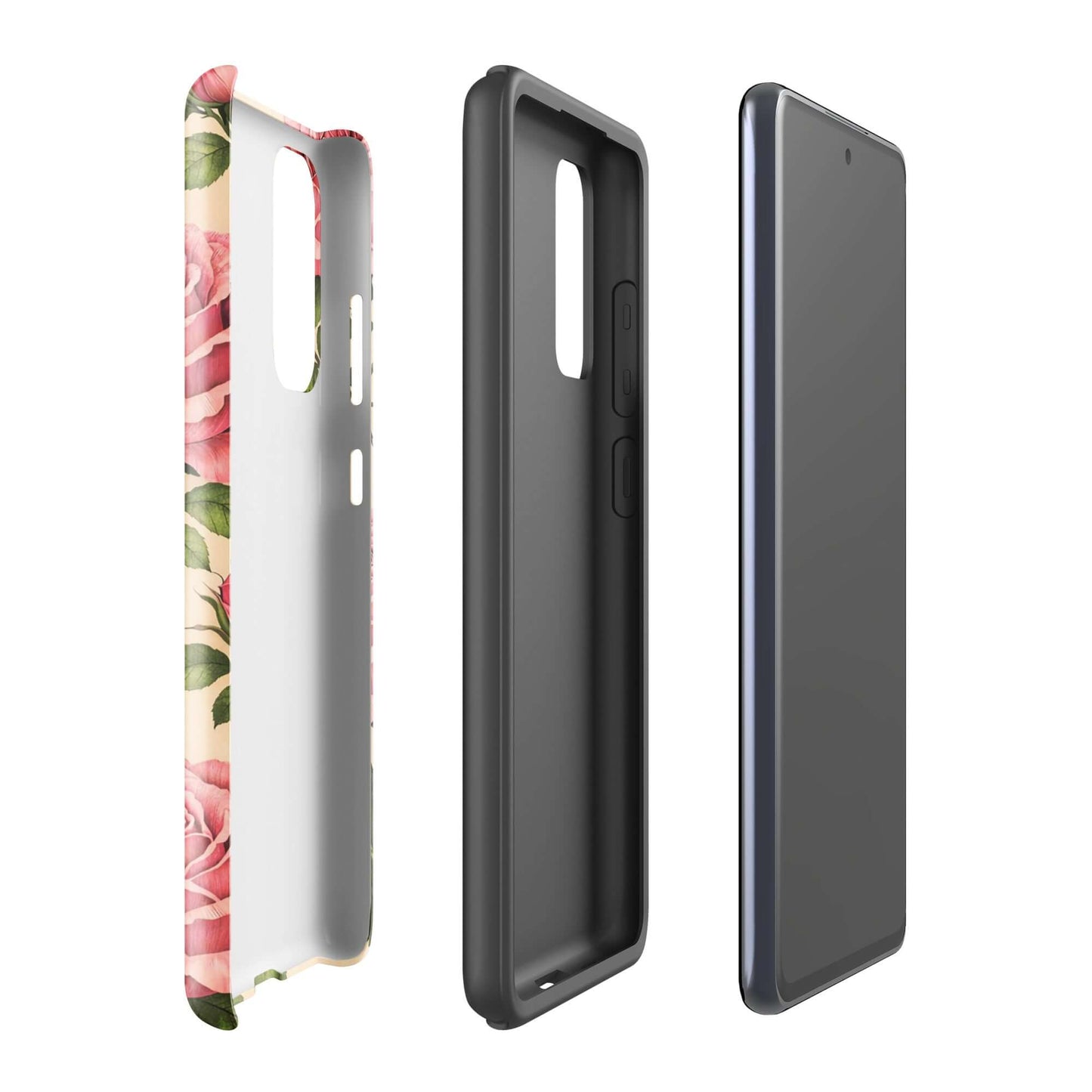 Phone Case for Samsung Galaxy with pink rose design on warm cream background, showcasing elegant floral protection.