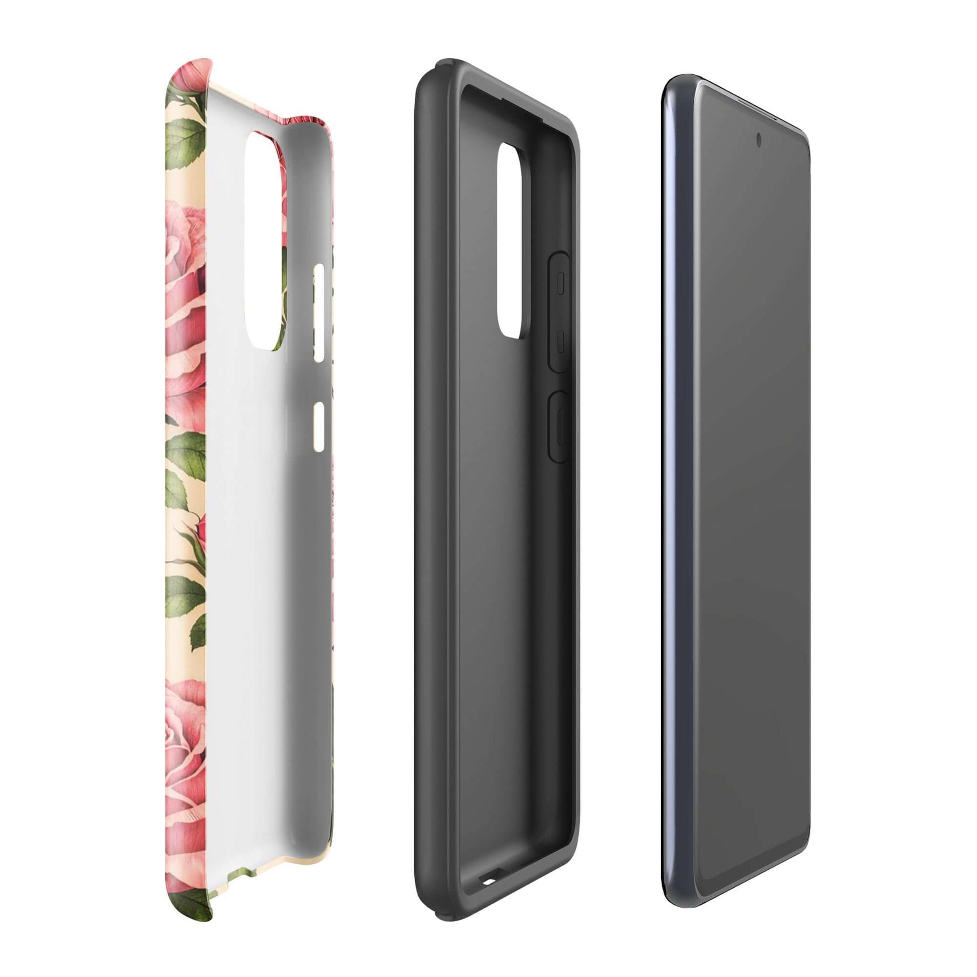 Phone Case for Samsung Galaxy with pink rose design on warm cream background, showcasing elegant floral protection.