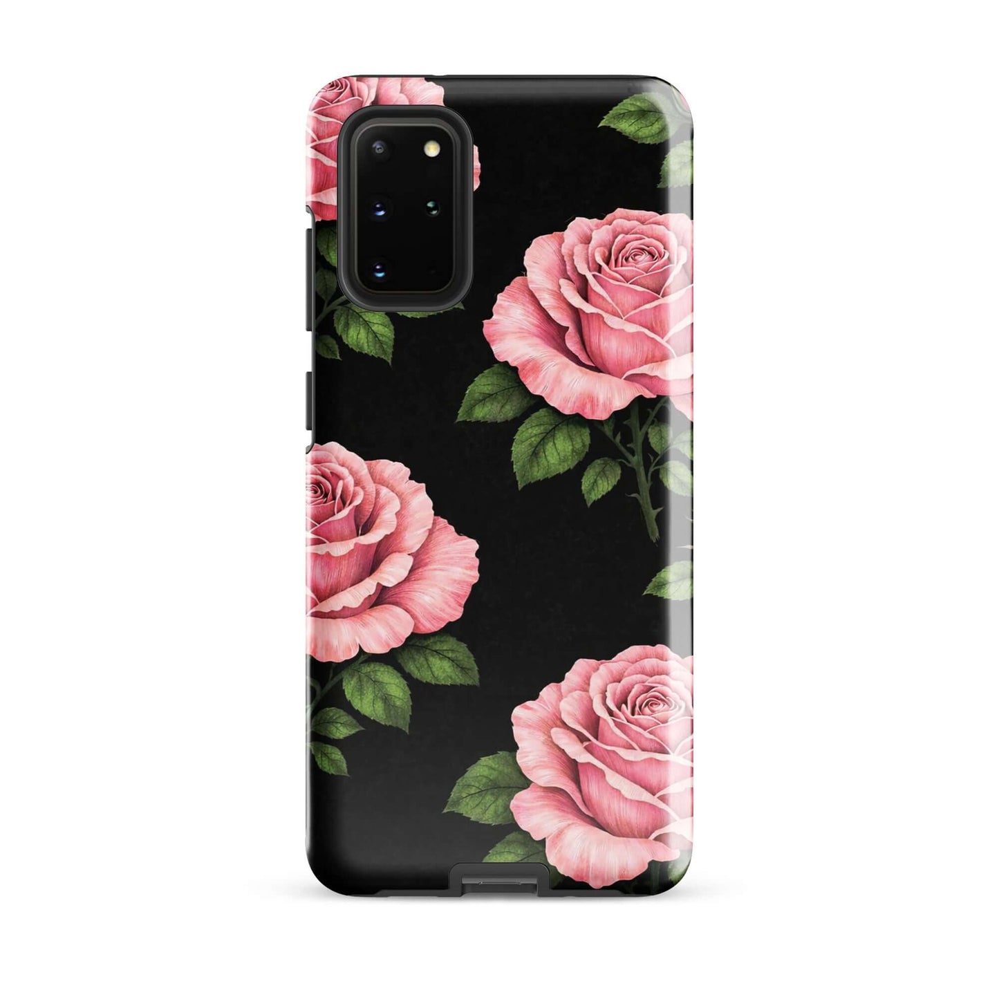 Phone Case for Samsung Galaxy with pink rose garden design featuring hand-sketched roses on black background.
