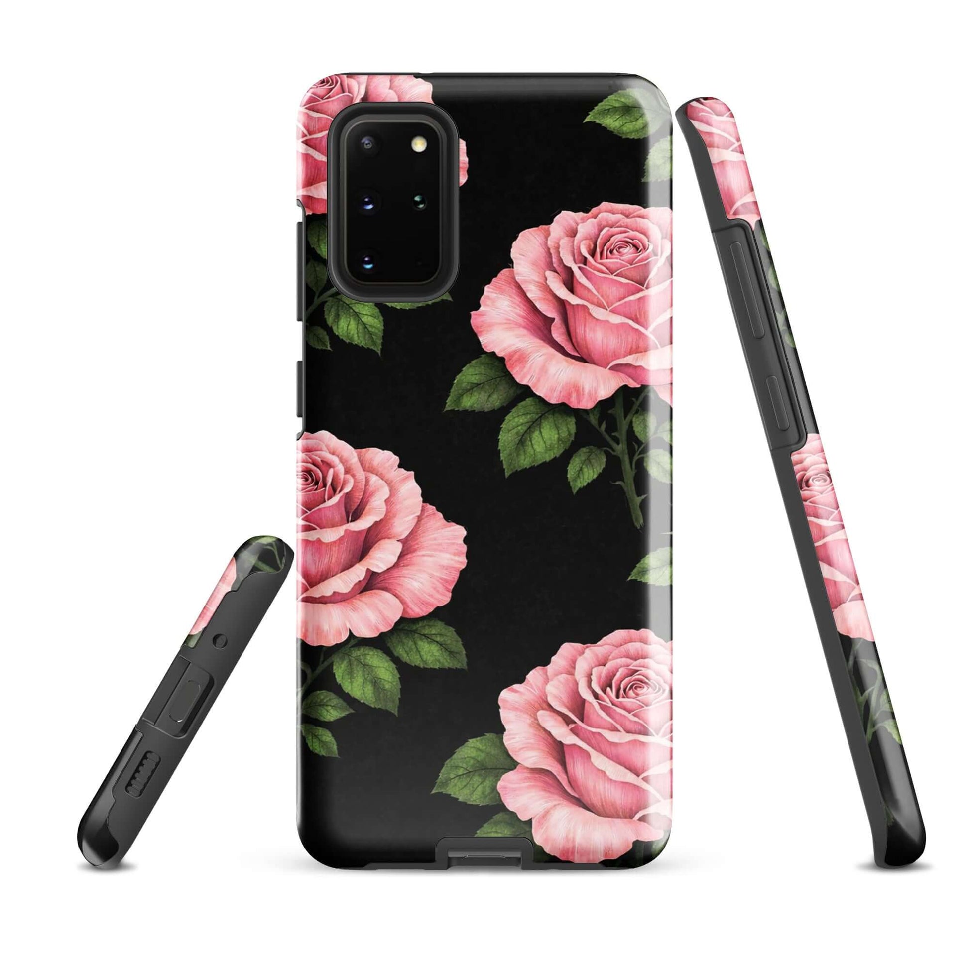 Phone Case for Samsung Galaxy with pink rose garden design against black background, featuring elegant floral charm and durable protection.