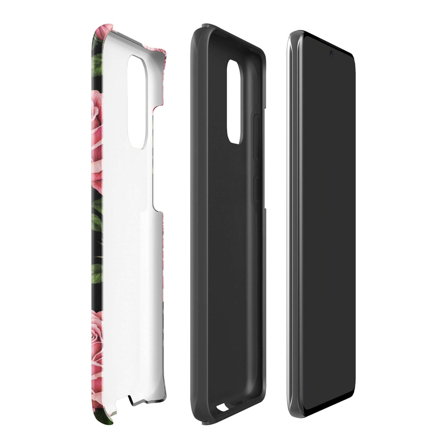 Phone Case for Samsung Galaxy featuring pink rose garden design and tough protection, showcasing elegant floral style on a black background.