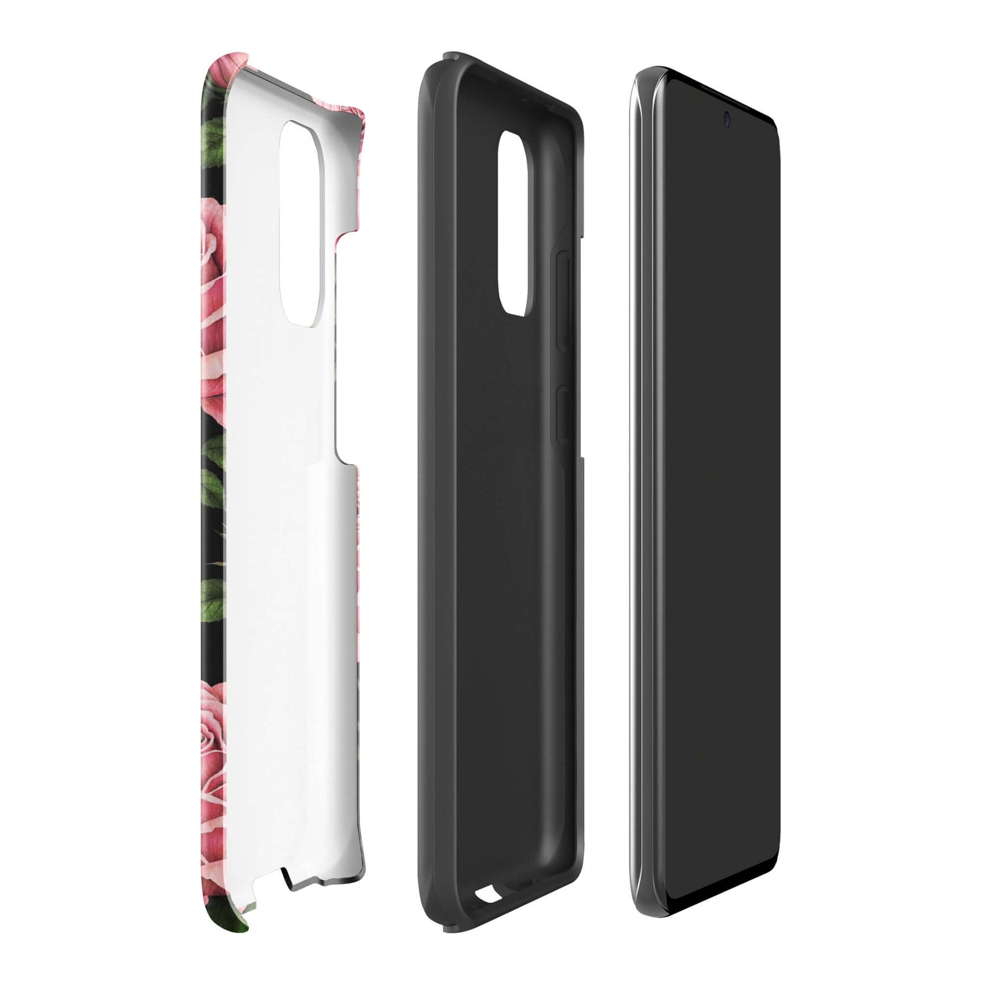 Phone Case for Samsung Galaxy featuring pink rose garden design and tough protection, showcasing elegant floral style on a black background.