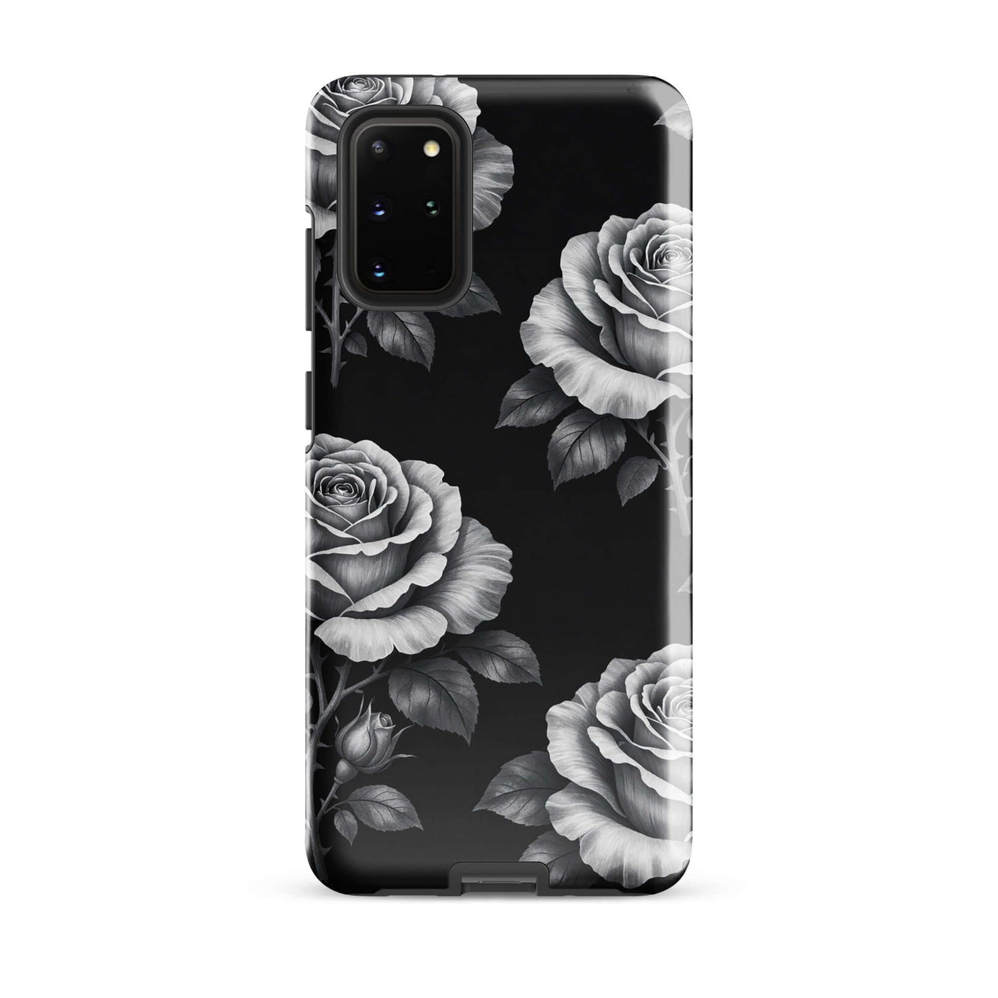 Phone Case for Samsung Galaxy in Rose Garden design with black background and hand-sketched rose patterns.