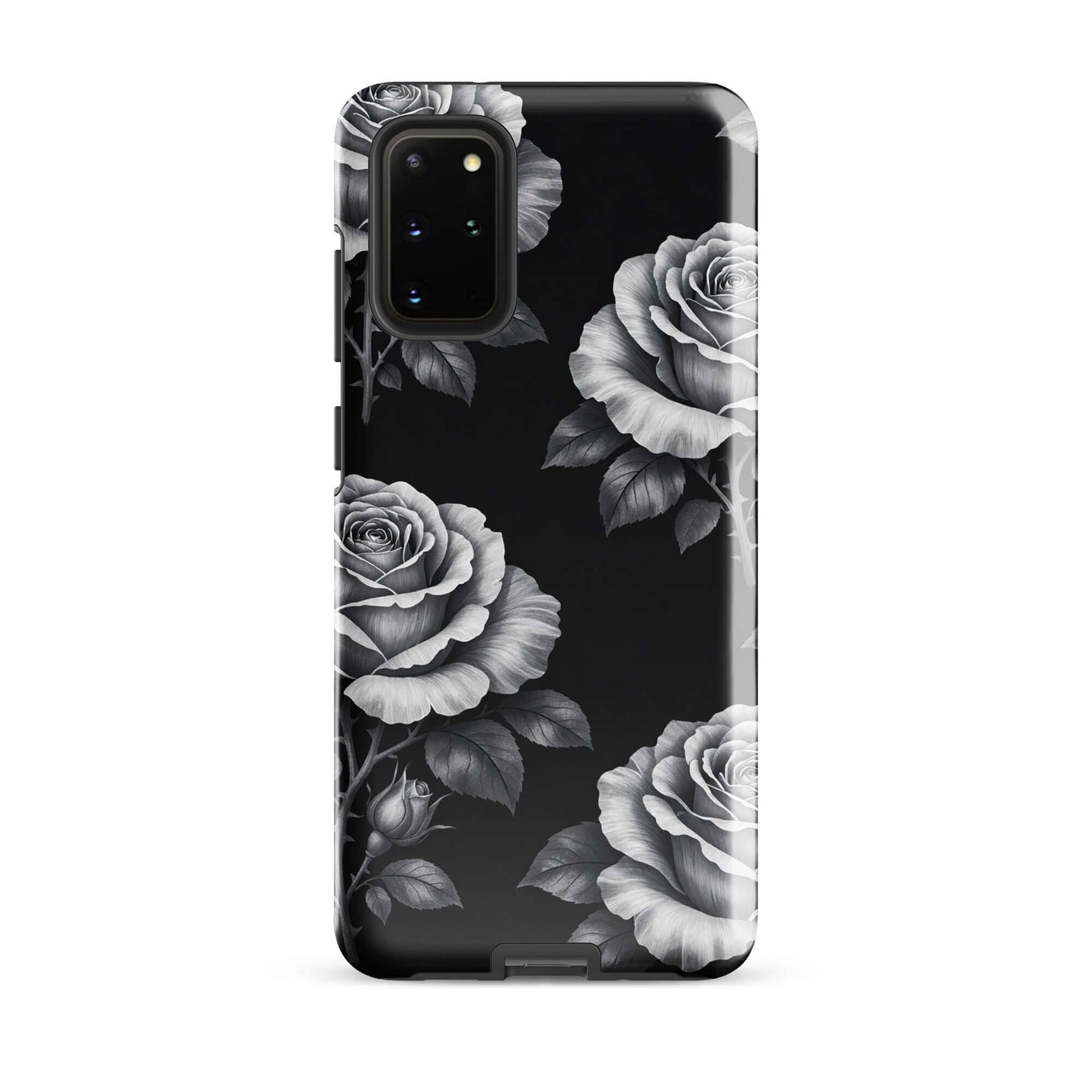 Phone Case for Samsung Galaxy in Rose Garden design with black background and hand-sketched rose patterns.