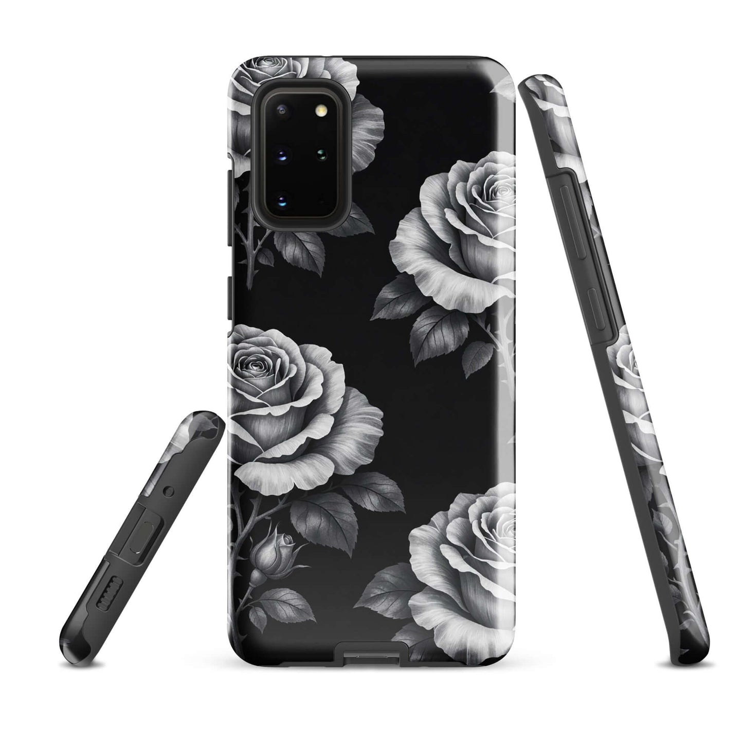 Phone Case for Samsung Galaxy showing rose garden design on black background with hand-sketched roses and lush leaves.