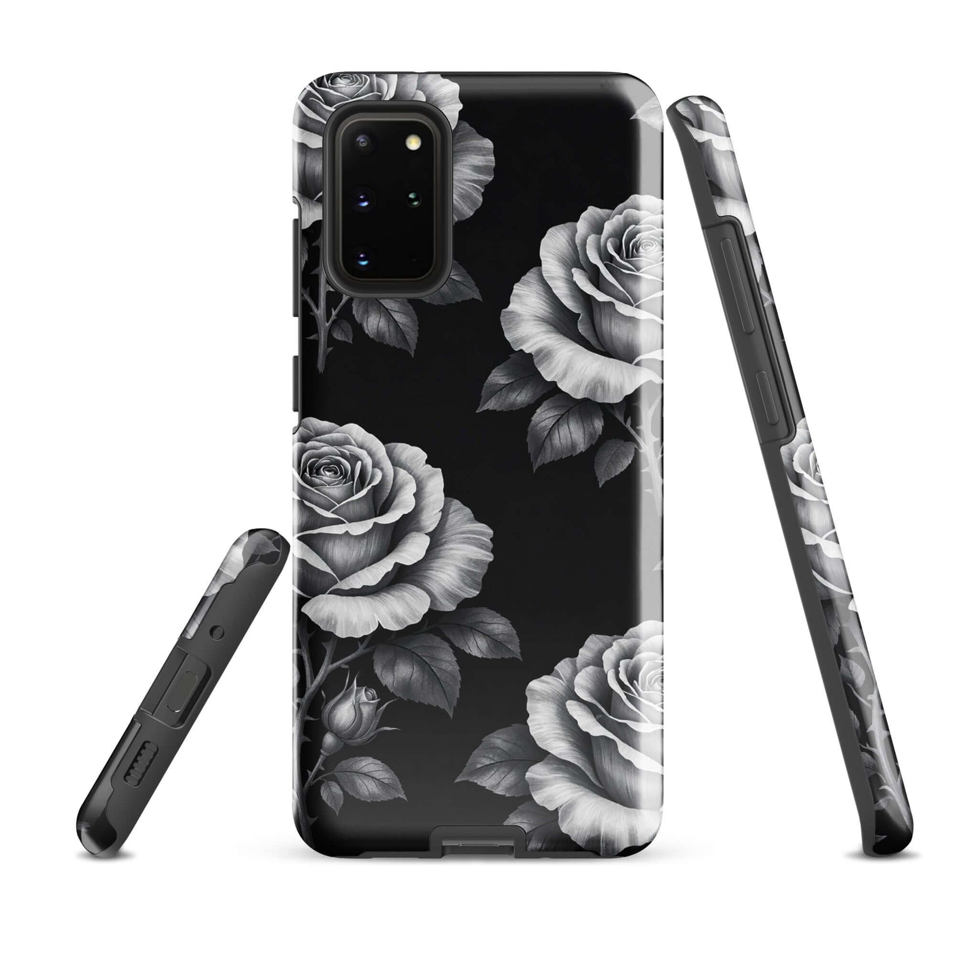 Phone Case for Samsung Galaxy showing rose garden design on black background with hand-sketched roses and lush leaves.