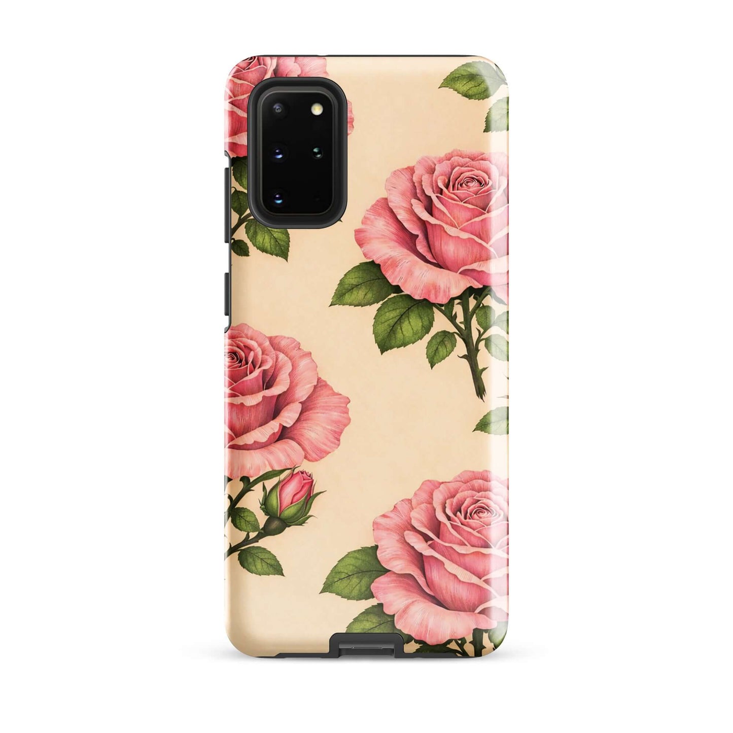 Phone Case for Samsung Galaxy with pink rose pattern on cream background for elegant floral protection.