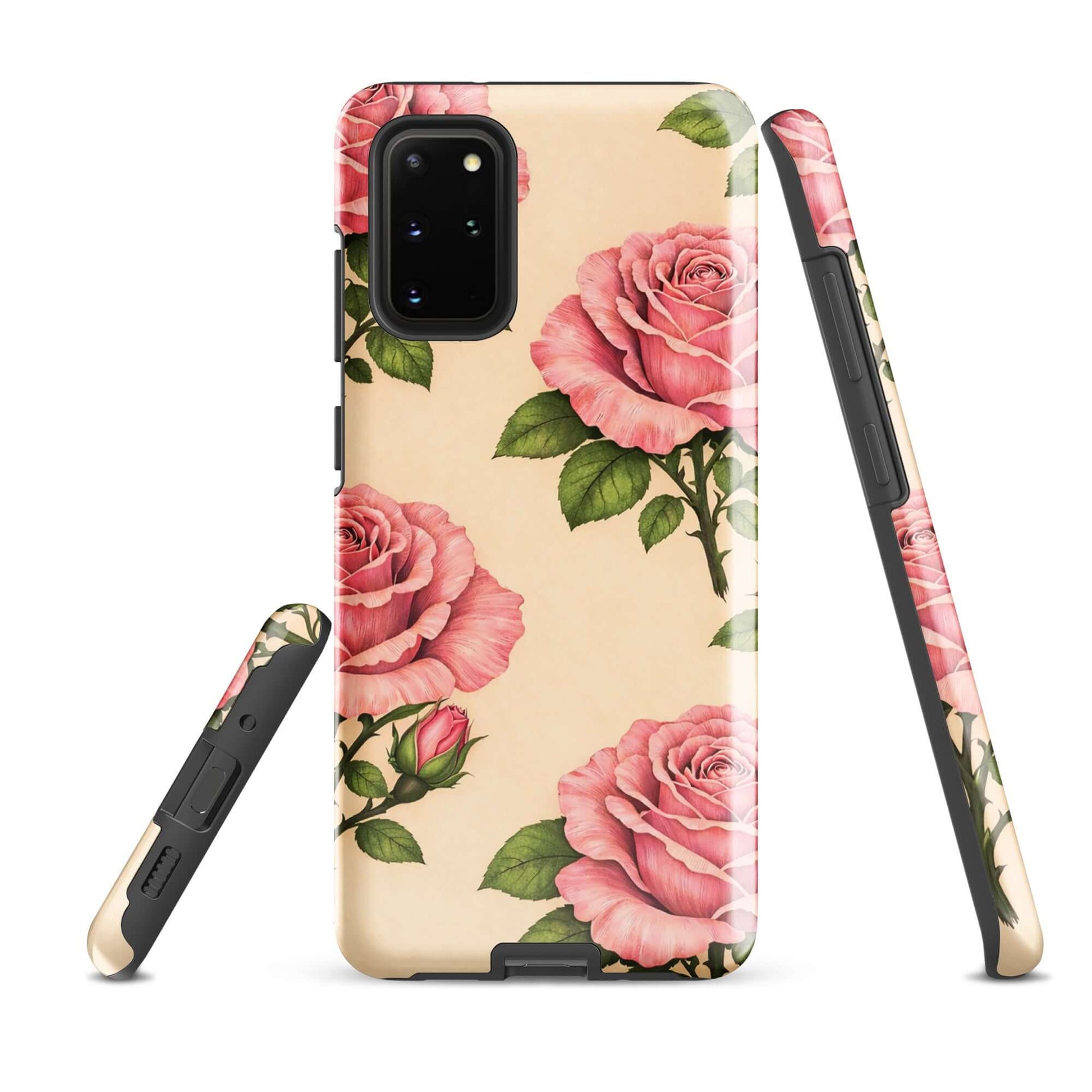 Phone Case for Samsung Galaxy with pink rose pattern on cream background, offering stylish protection.