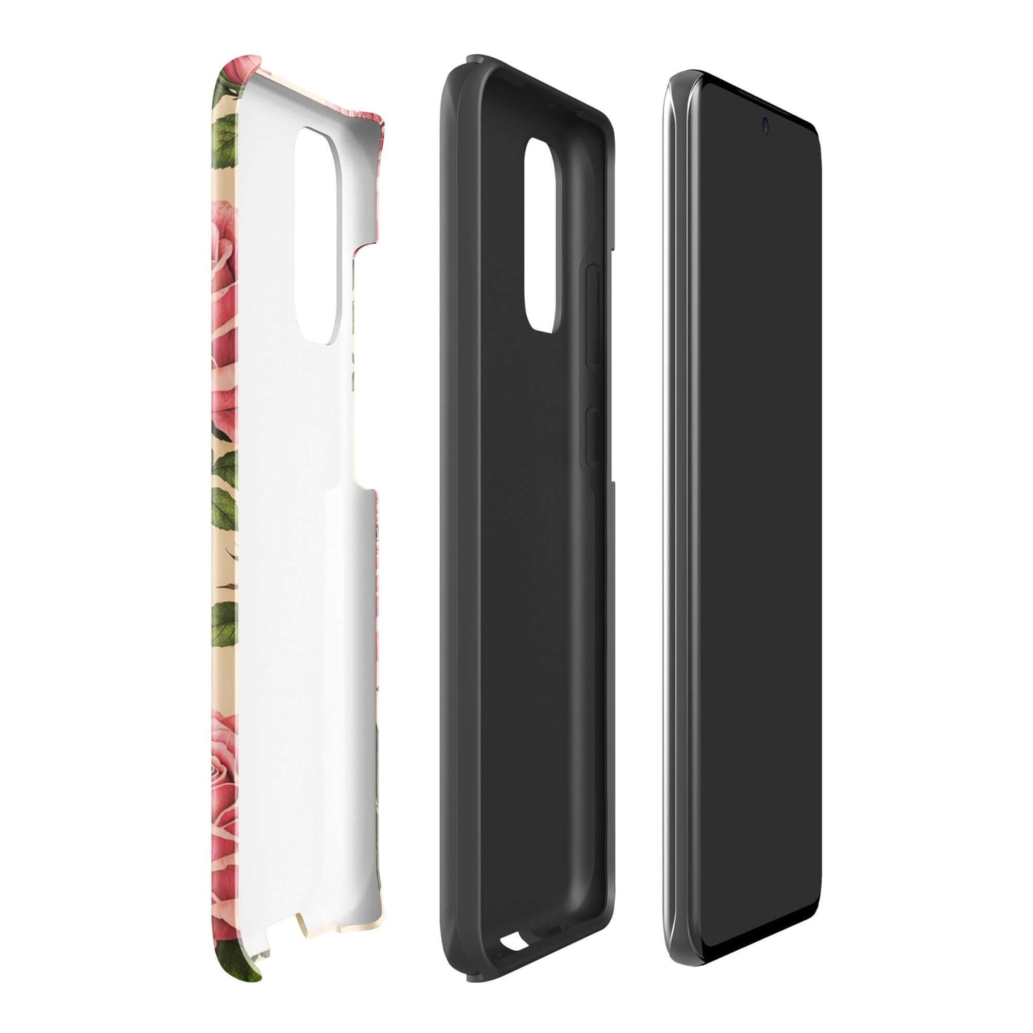 Phone Case for Samsung Galaxy in pink rose design with warm cream background, elegant floral protection for smartphones.
