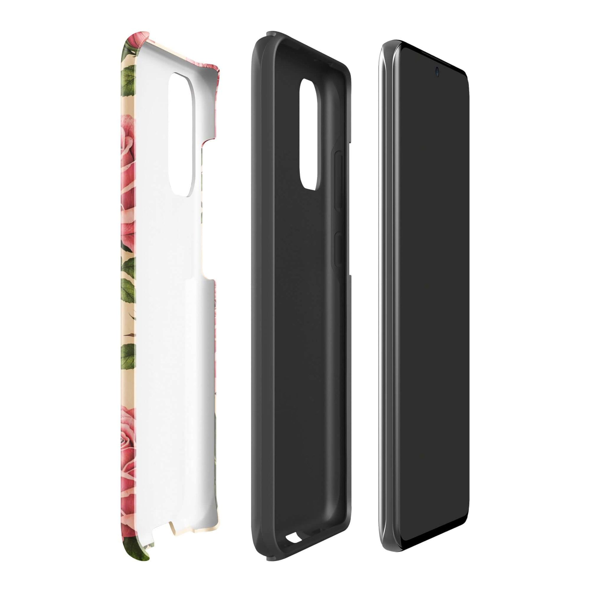 Phone Case for Samsung Galaxy in pink rose design with warm cream background, elegant floral protection for smartphones.