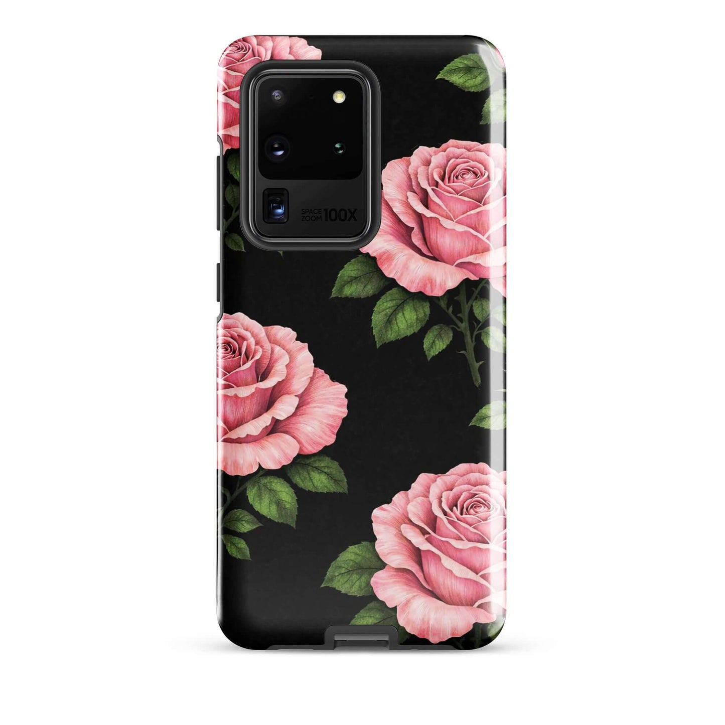 Phone Case for Samsung Galaxy with pink rose garden design on black background