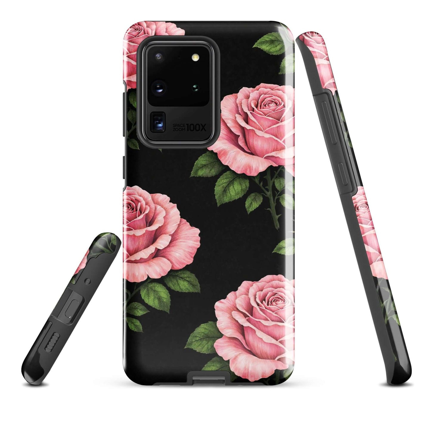 Phone Case for Samsung Galaxy with pink rose pattern on black background, shown front and side view