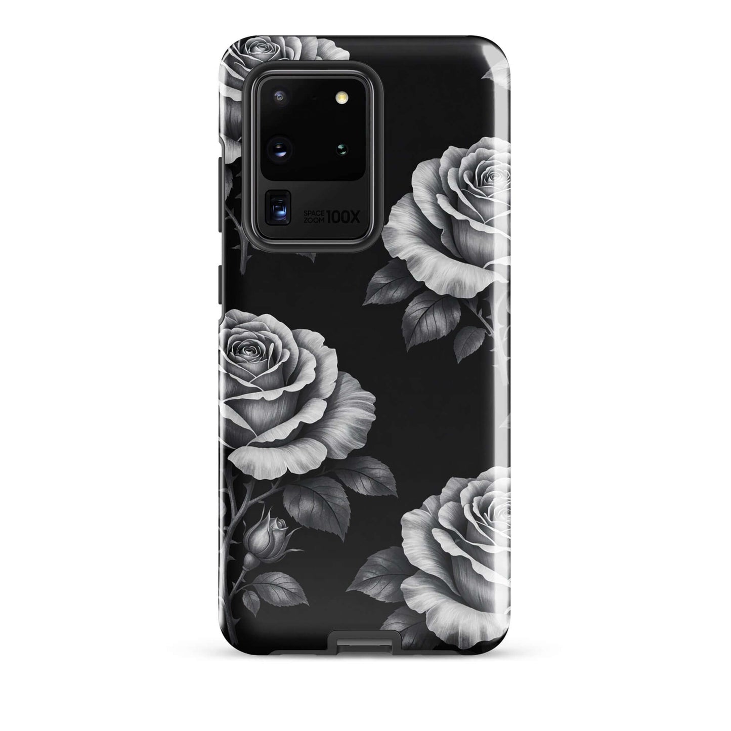 Phone Case for Samsung Galaxy with rose garden design on black background, floral charm and tough protection.