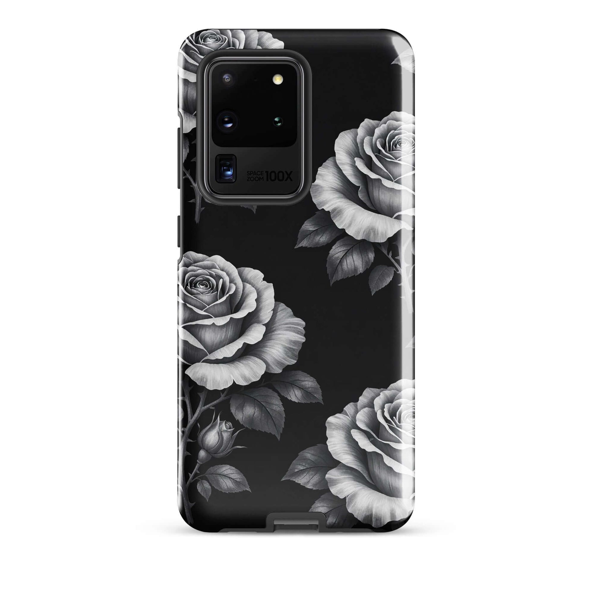 Phone Case for Samsung Galaxy with rose garden design on black background, floral charm and tough protection.